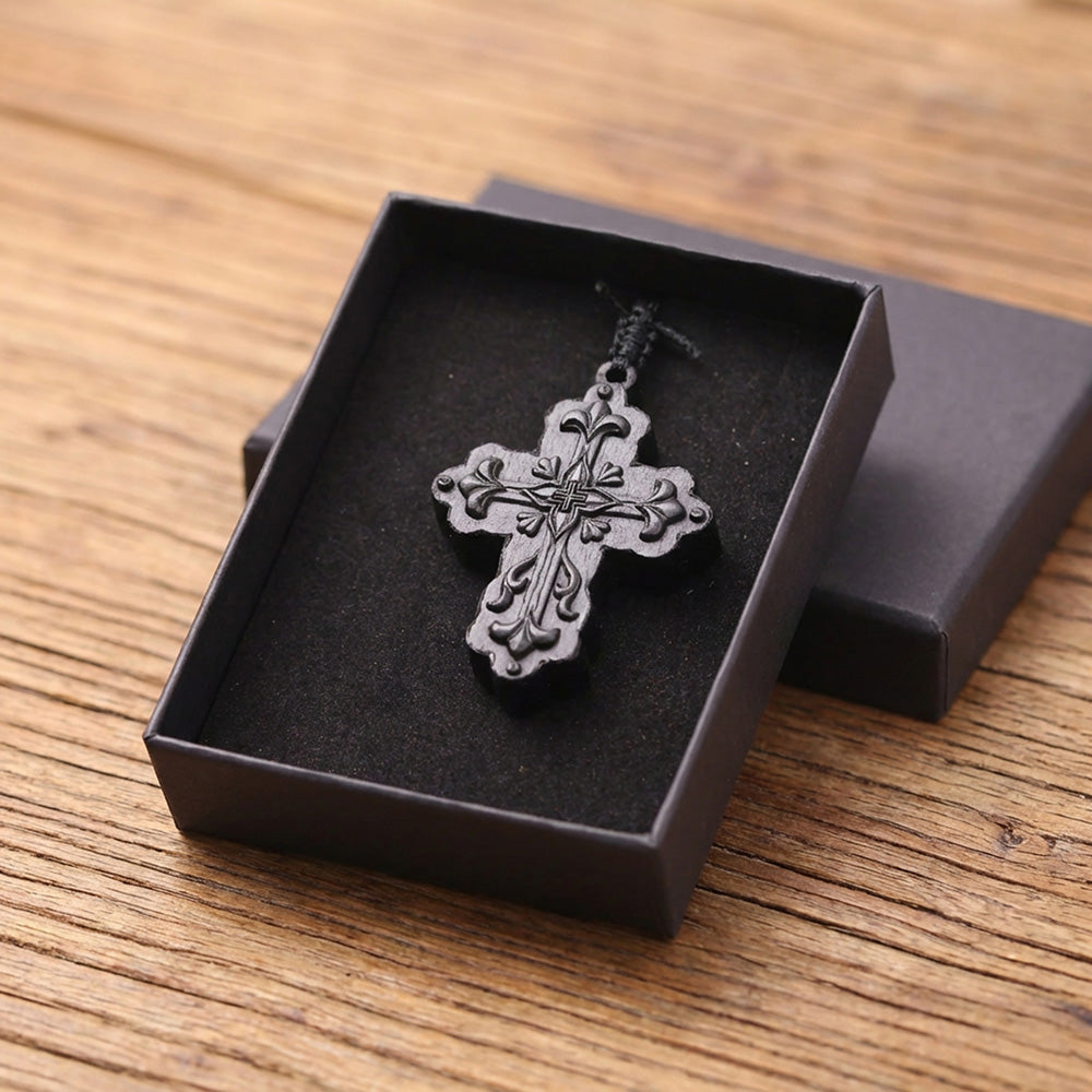 Handcrafted Ebony Wood Floral Cross Pendant Necklace
