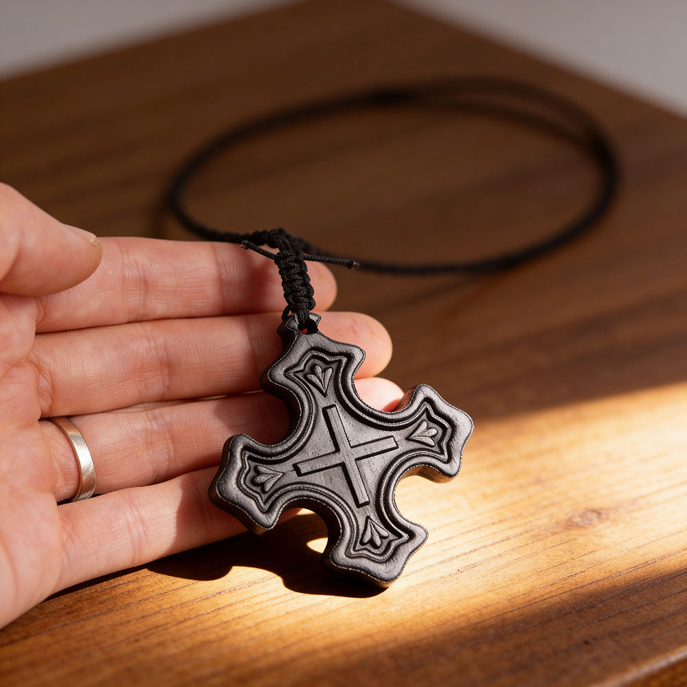 Handcrafted Ebony Wood Gothic Cross Pendant Necklace – Personalized Christian Cross Jewelry
