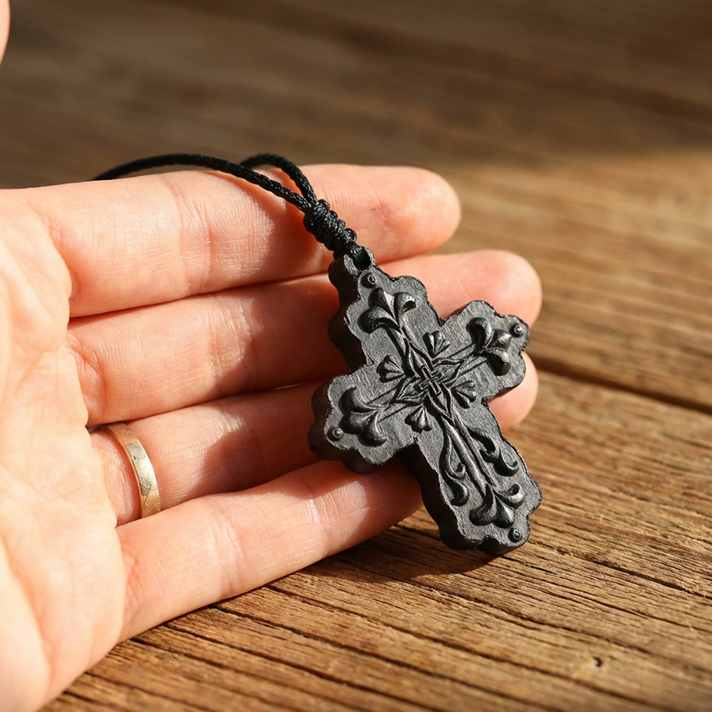 Handcrafted Ebony Wood Floral Cross Pendant Necklace