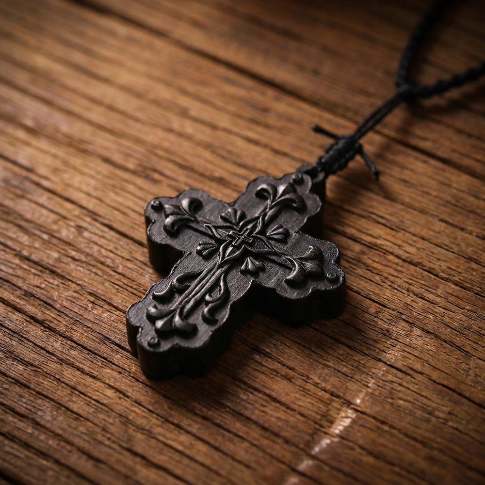Handcrafted Ebony Wood Floral Cross Pendant Necklace