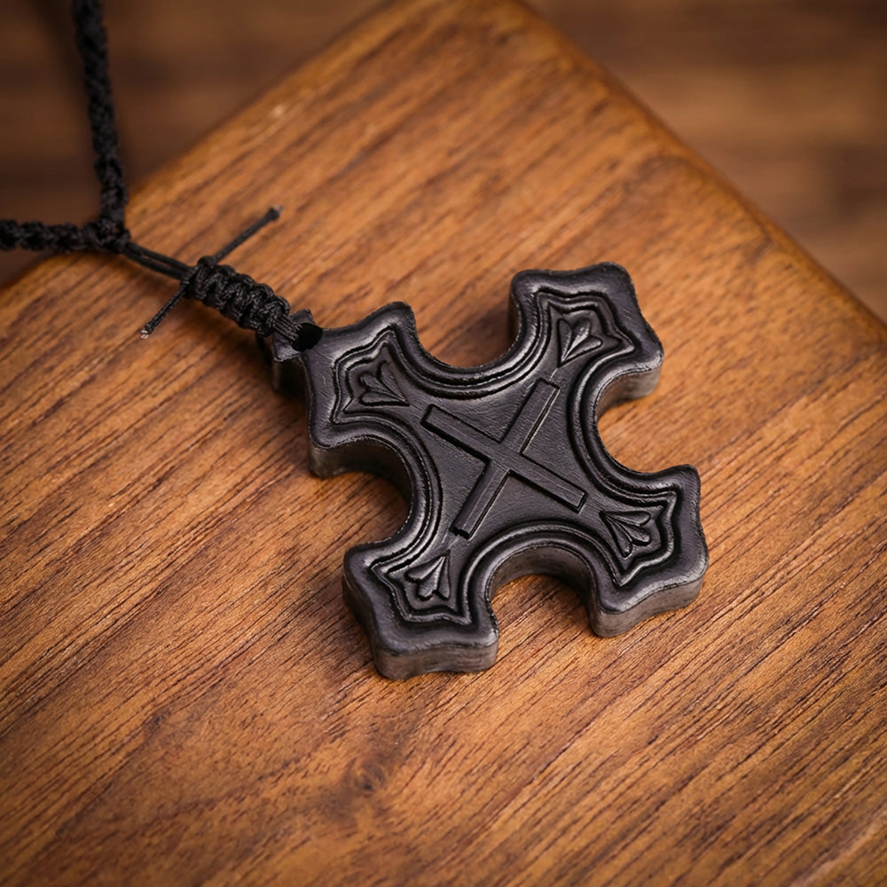 Handcrafted Ebony Wood Gothic Cross Pendant Necklace – Personalized Christian Cross Jewelry