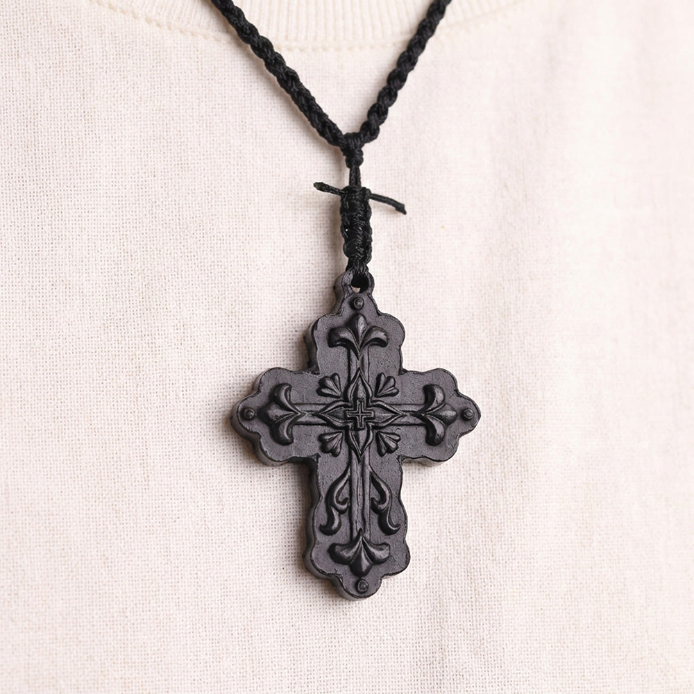 Handcrafted Ebony Wood Floral Cross Pendant Necklace