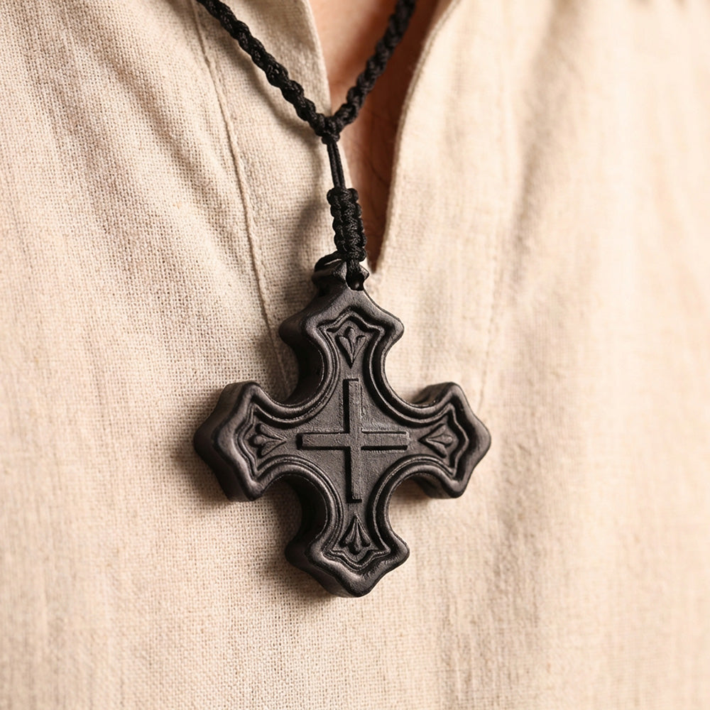 Handcrafted Ebony Wood Gothic Cross Pendant Necklace – Personalized Christian Cross Jewelry
