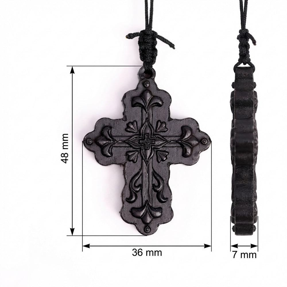 Handcrafted Ebony Wood Floral Cross Pendant Necklace