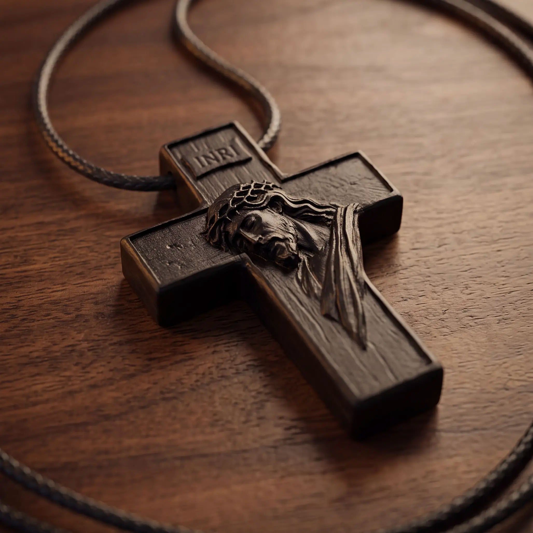 Personalized Crown of Thorns Cross Necklace – Handcrafted Ebony Wood Jesus Crucifix Pendant