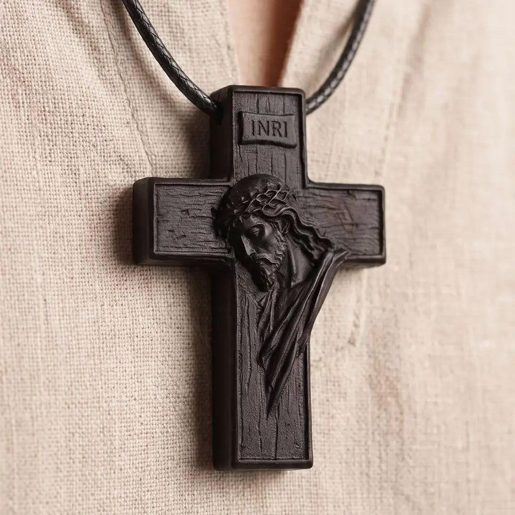 Personalized Crown of Thorns Cross Necklace – Handcrafted Ebony Wood Jesus Crucifix Pendant