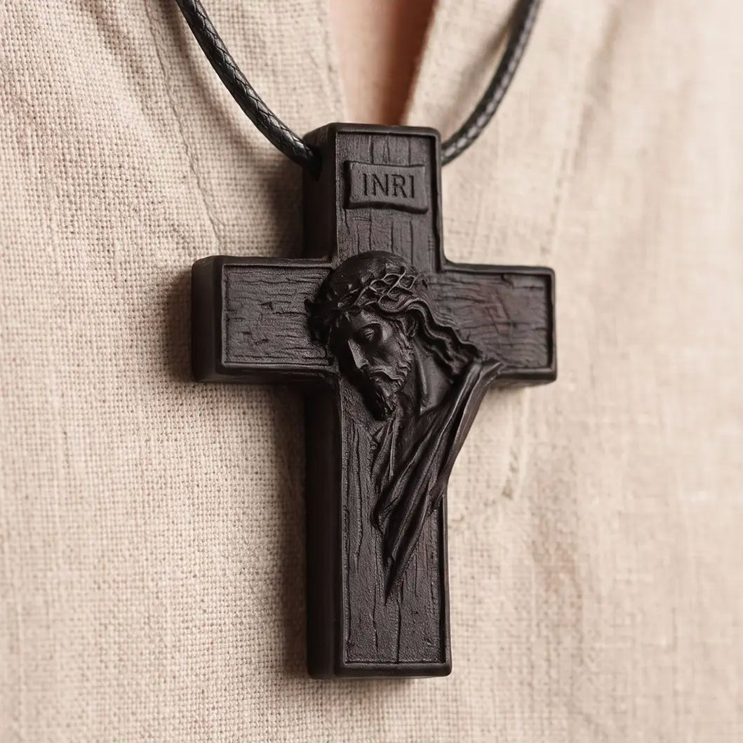 Personalized Crown of Thorns Cross Necklace – Handcrafted Ebony Wood Jesus Crucifix Pendant