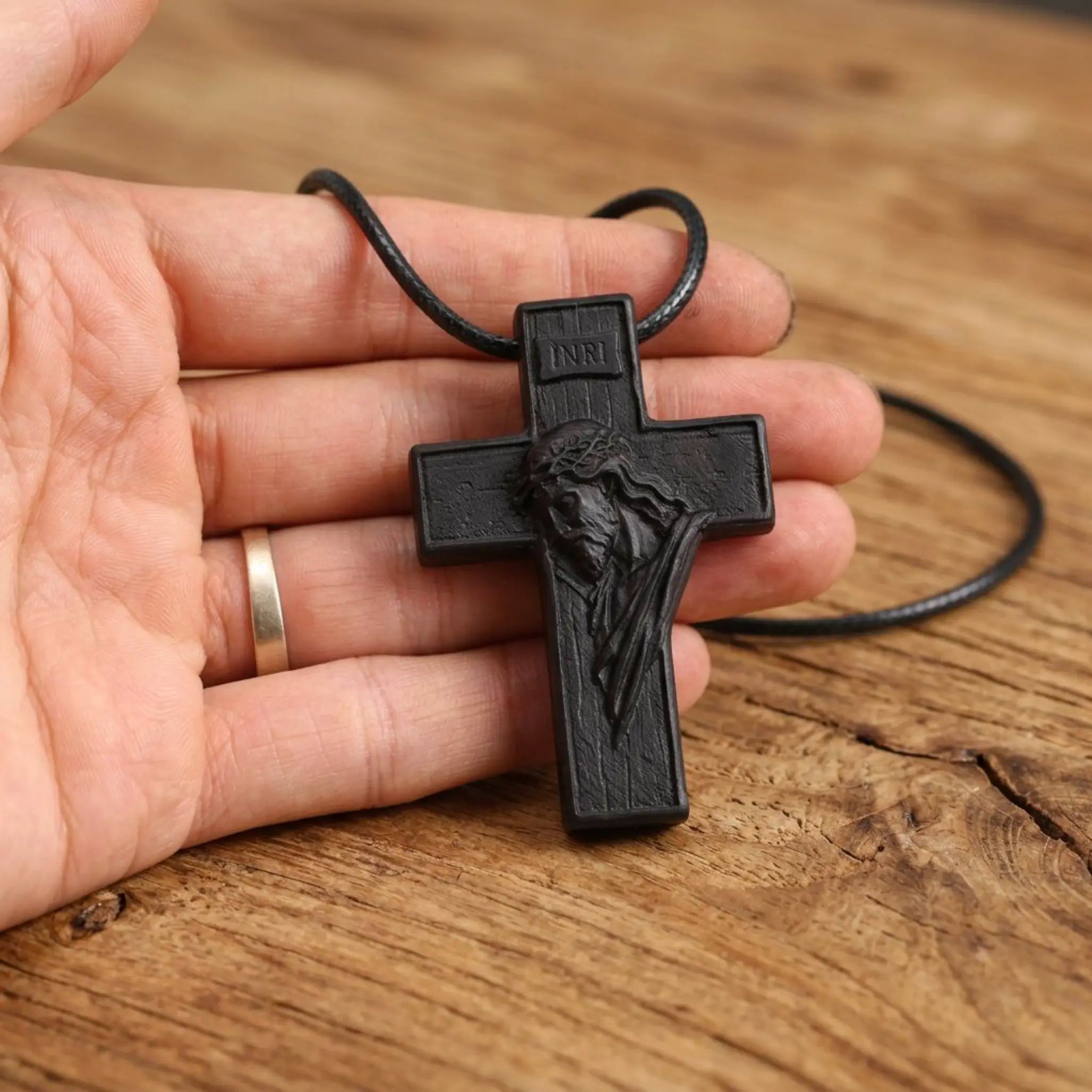 Personalized Crown of Thorns Cross Necklace – Handcrafted Ebony Wood Jesus Crucifix Pendant