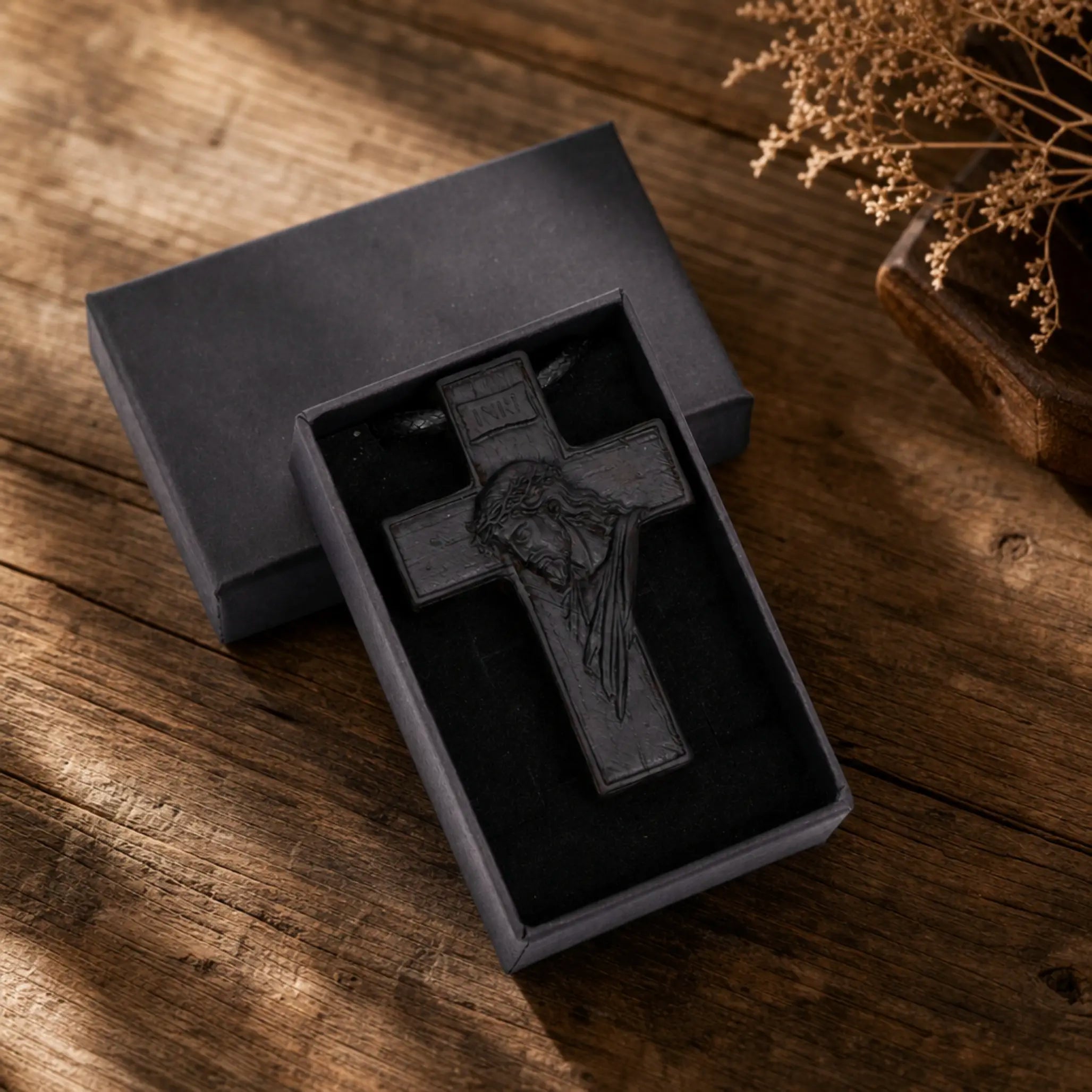 Personalized Crown of Thorns Cross Necklace – Handcrafted Ebony Wood Jesus Crucifix Pendant