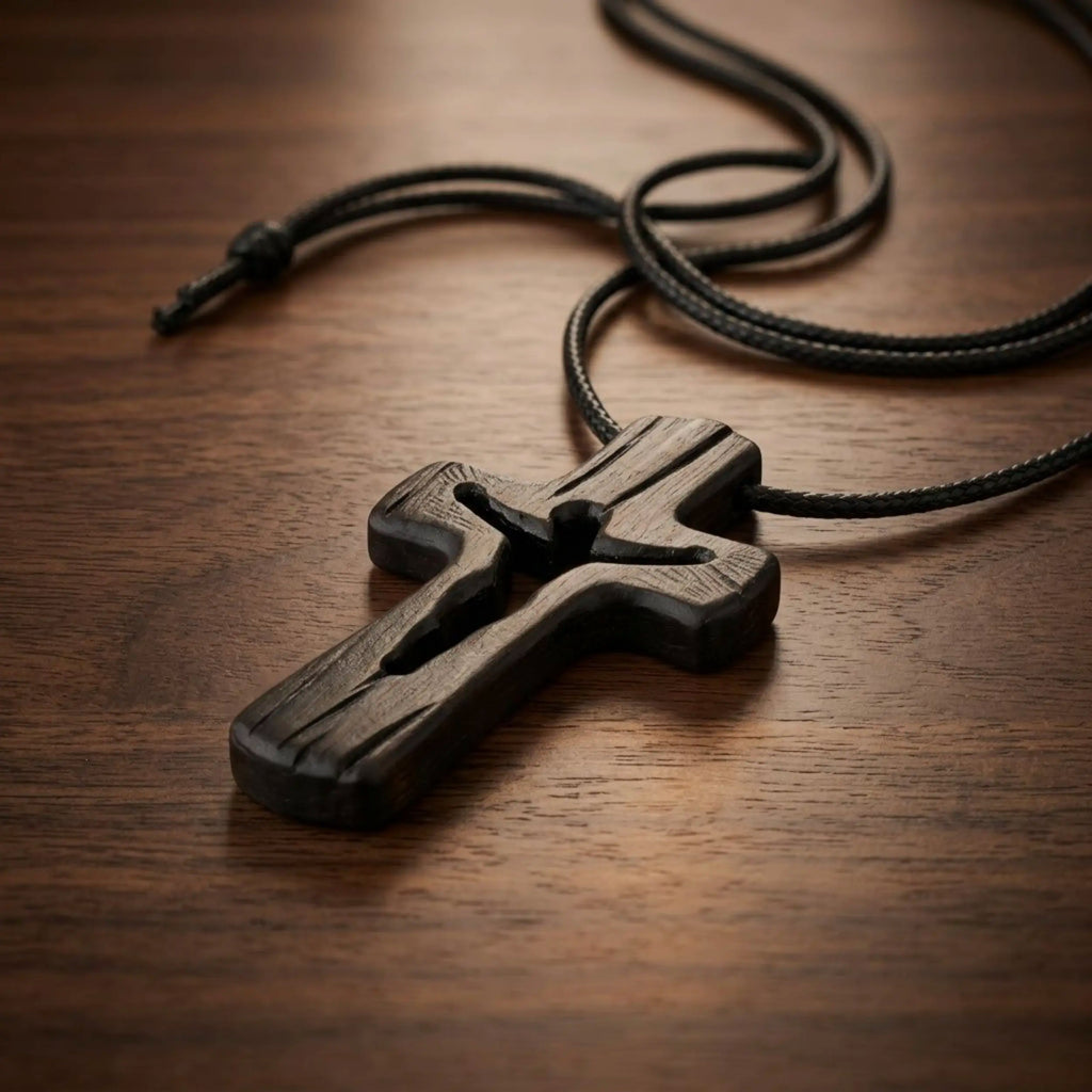 Handcrafted Ebony Wood Cutout Cross Pendant Necklace