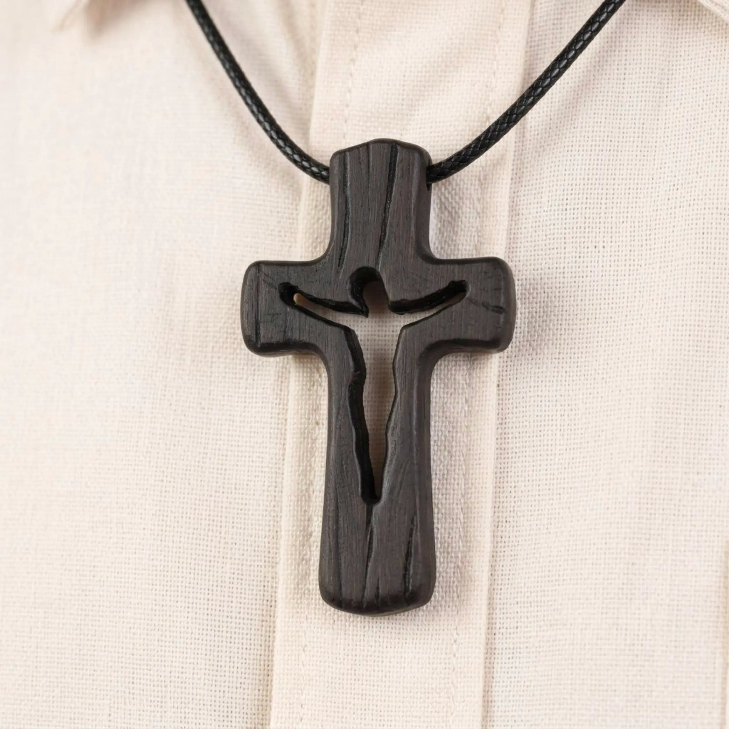 Handcrafted Ebony Wood Cutout Cross Pendant Necklace