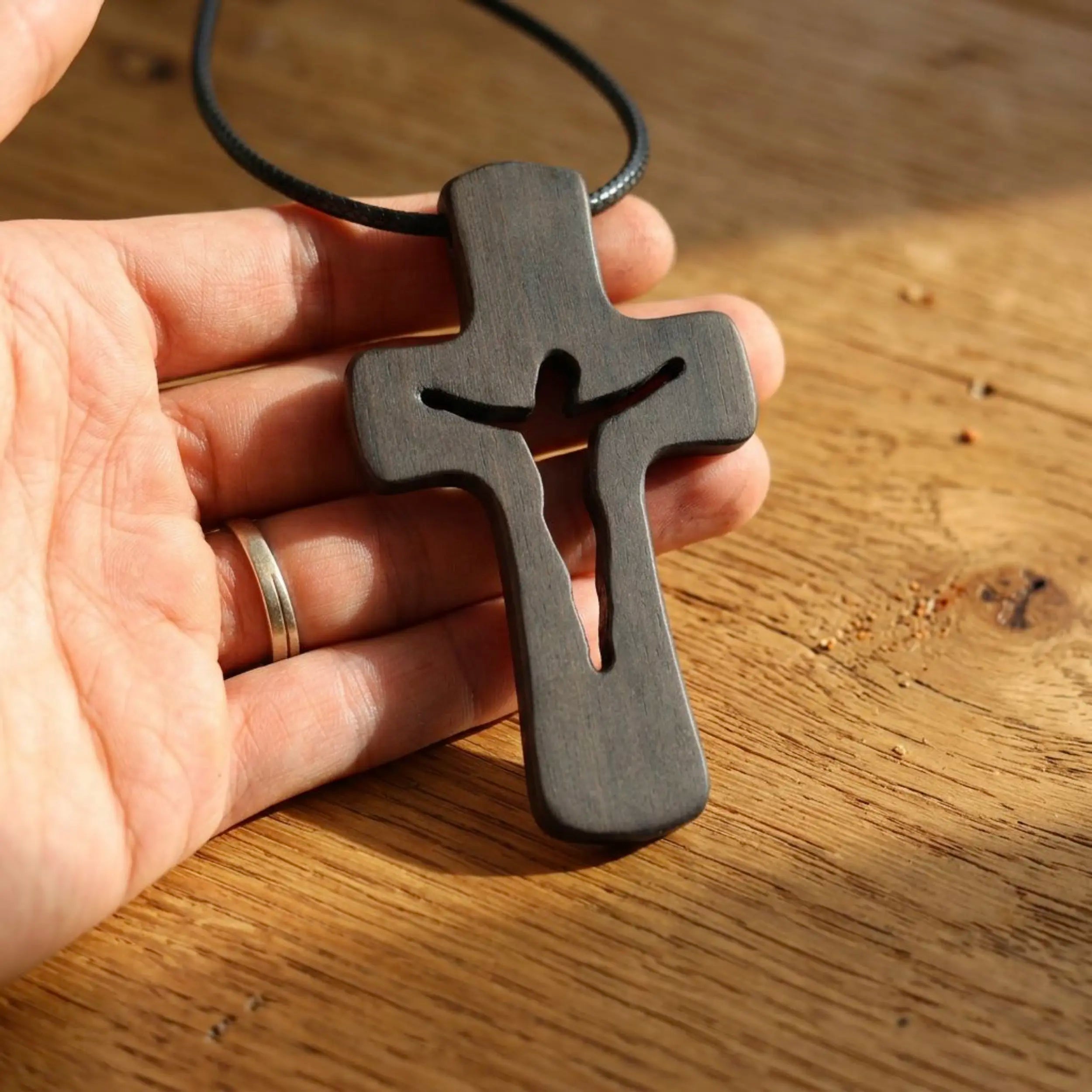 Handcrafted Ebony Wood Cutout Cross Pendant Necklace