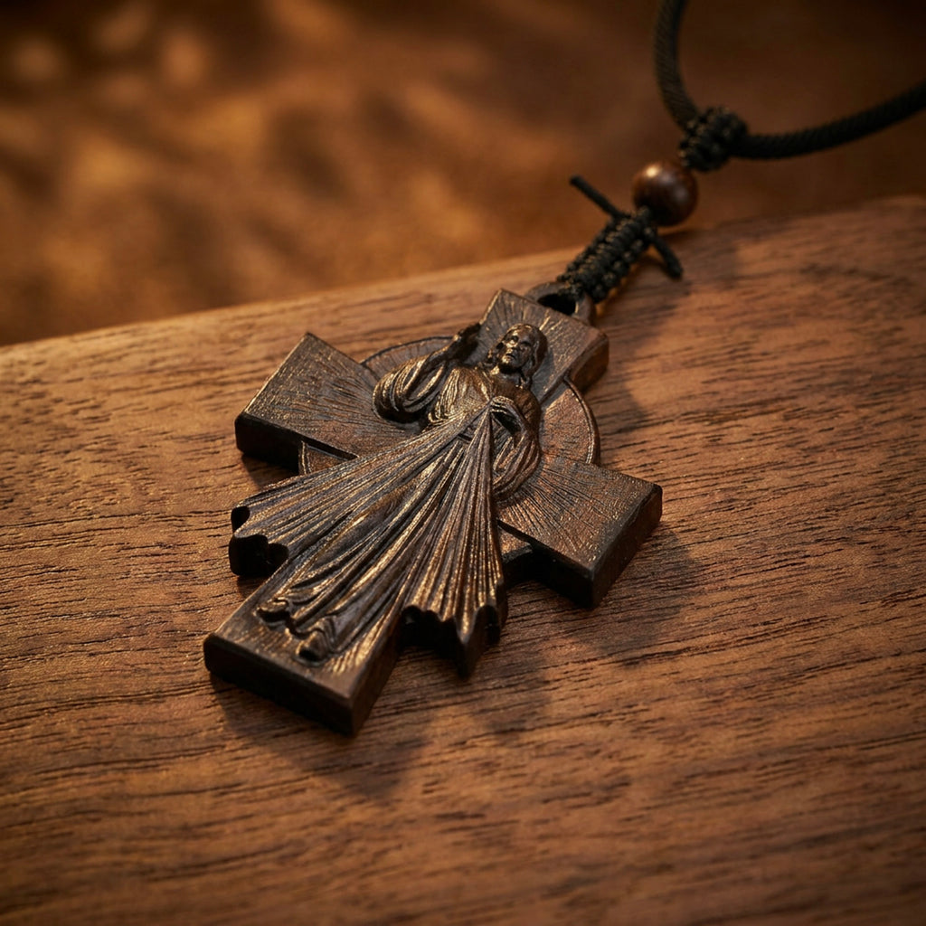 Divine Mercy Jesus Cross Necklace – Handmade Reclaimed Ebony Wood Pendant