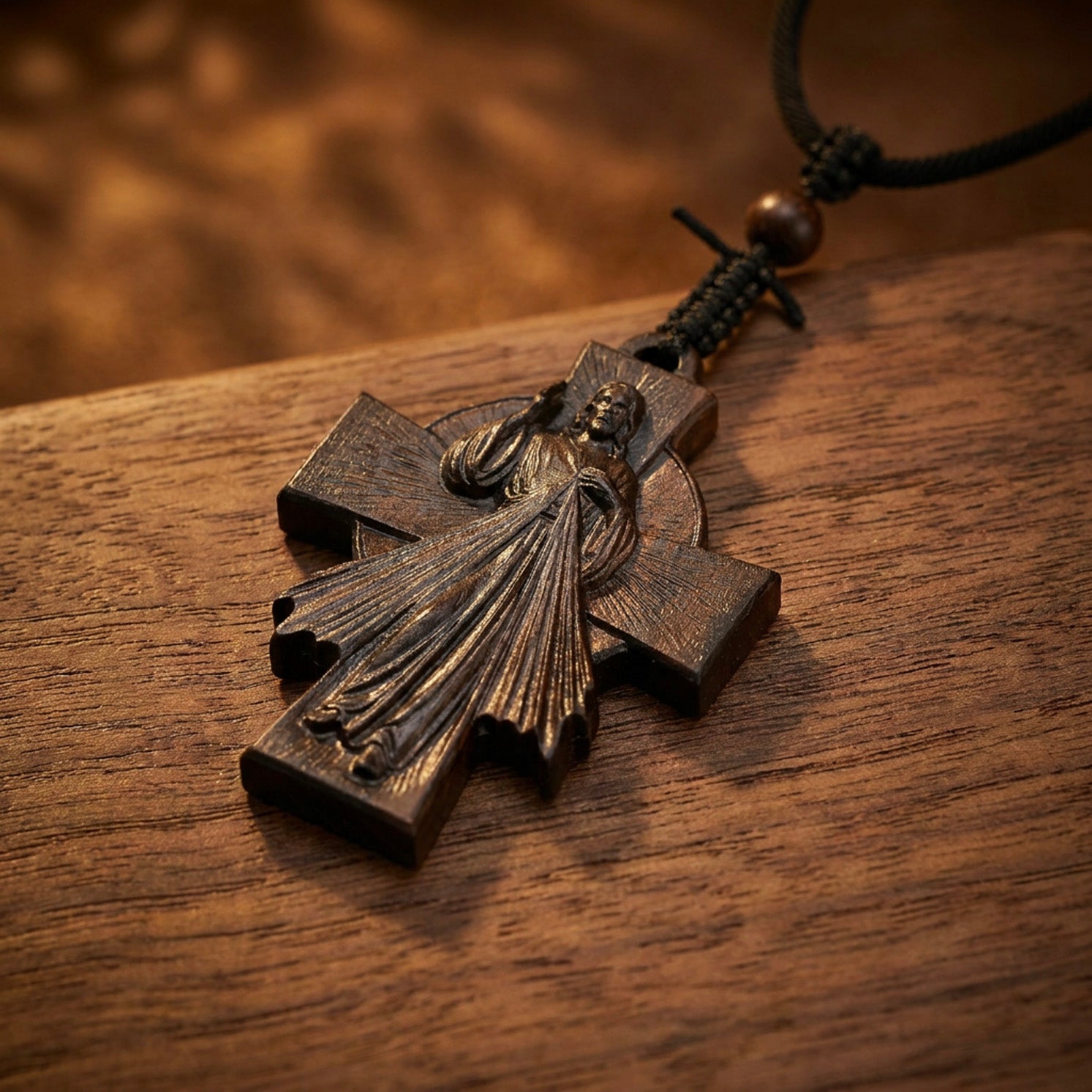Divine Mercy Jesus Cross Necklace – Handmade Reclaimed Ebony Wood Pendant