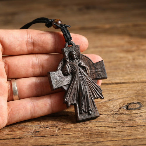 Divine Mercy Jesus Cross Necklace – Handmade Reclaimed Ebony Wood Pendant