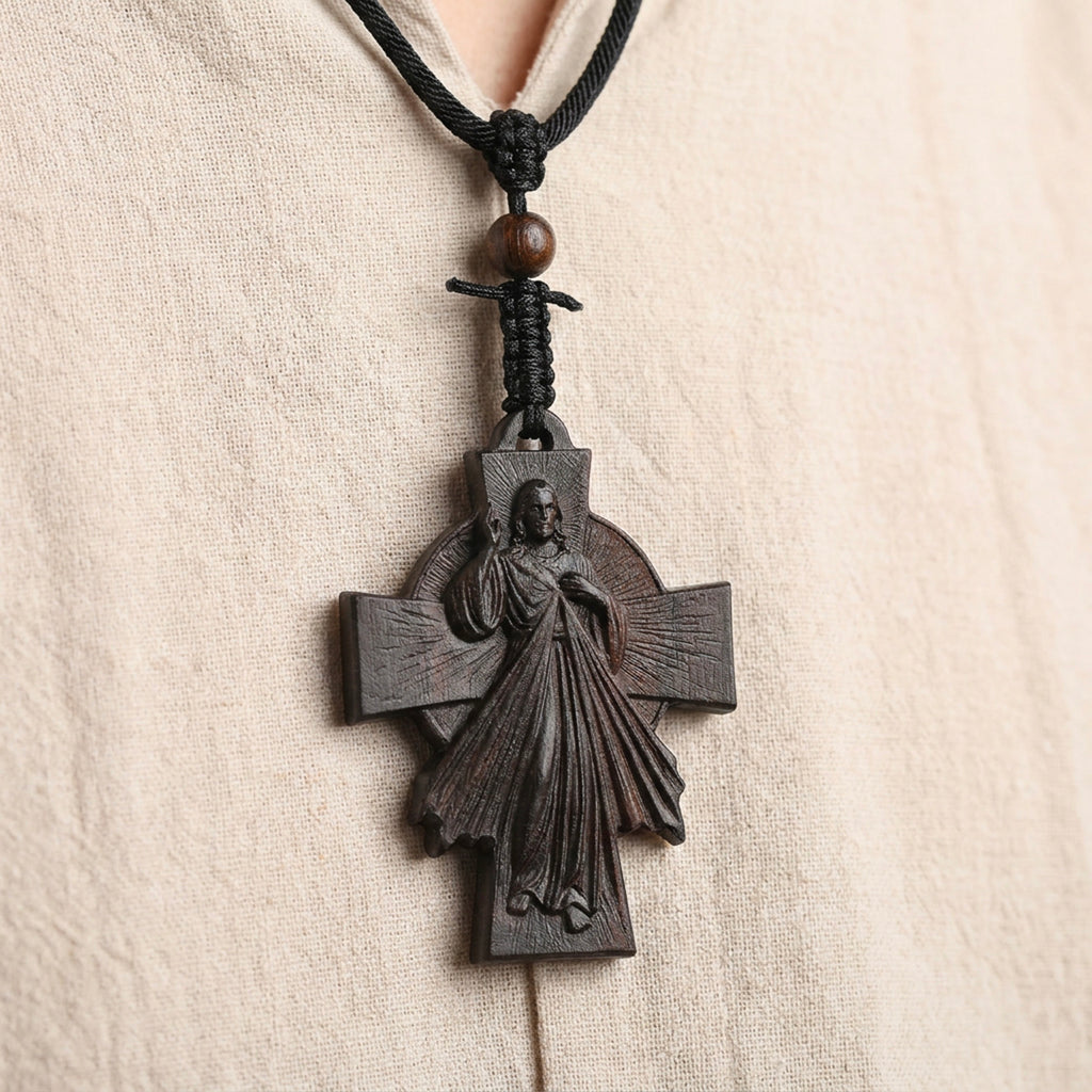 Divine Mercy Jesus Cross Necklace – Handmade Reclaimed Ebony Wood Pendant