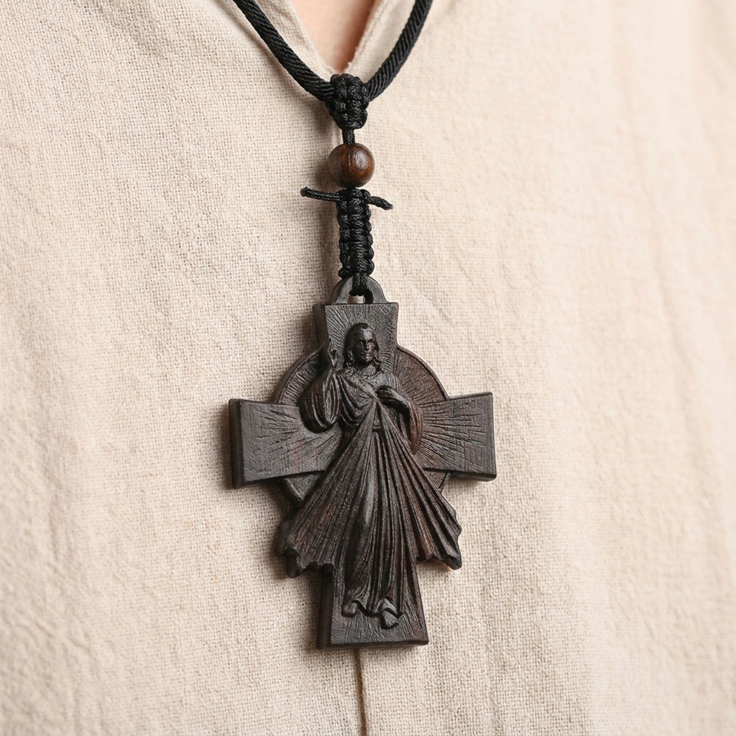 Divine Mercy Jesus Cross Necklace – Handmade Reclaimed Ebony Wood Pendant
