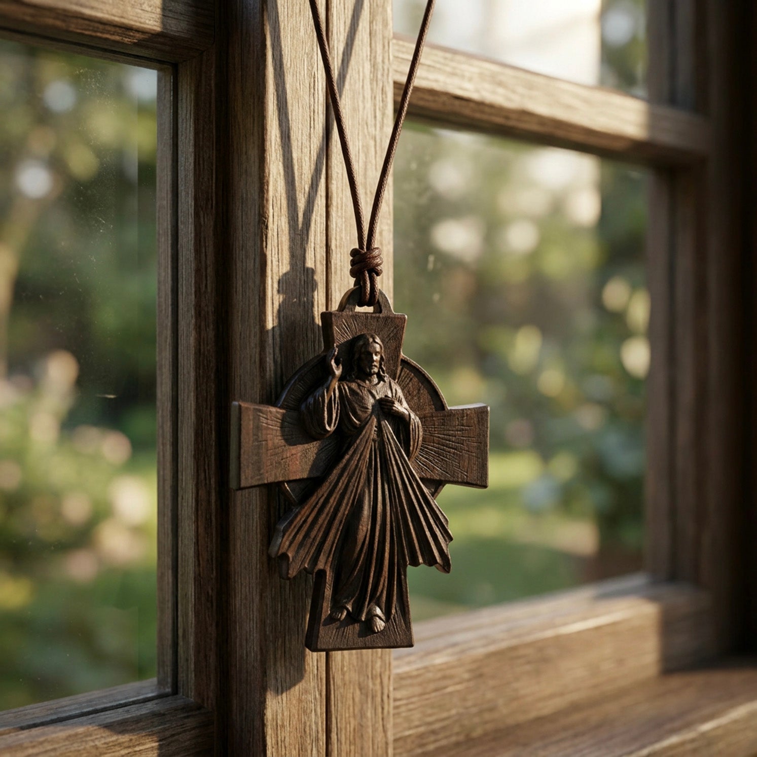 Divine Mercy Jesus Cross Necklace – Handmade Reclaimed Ebony Wood Pendant