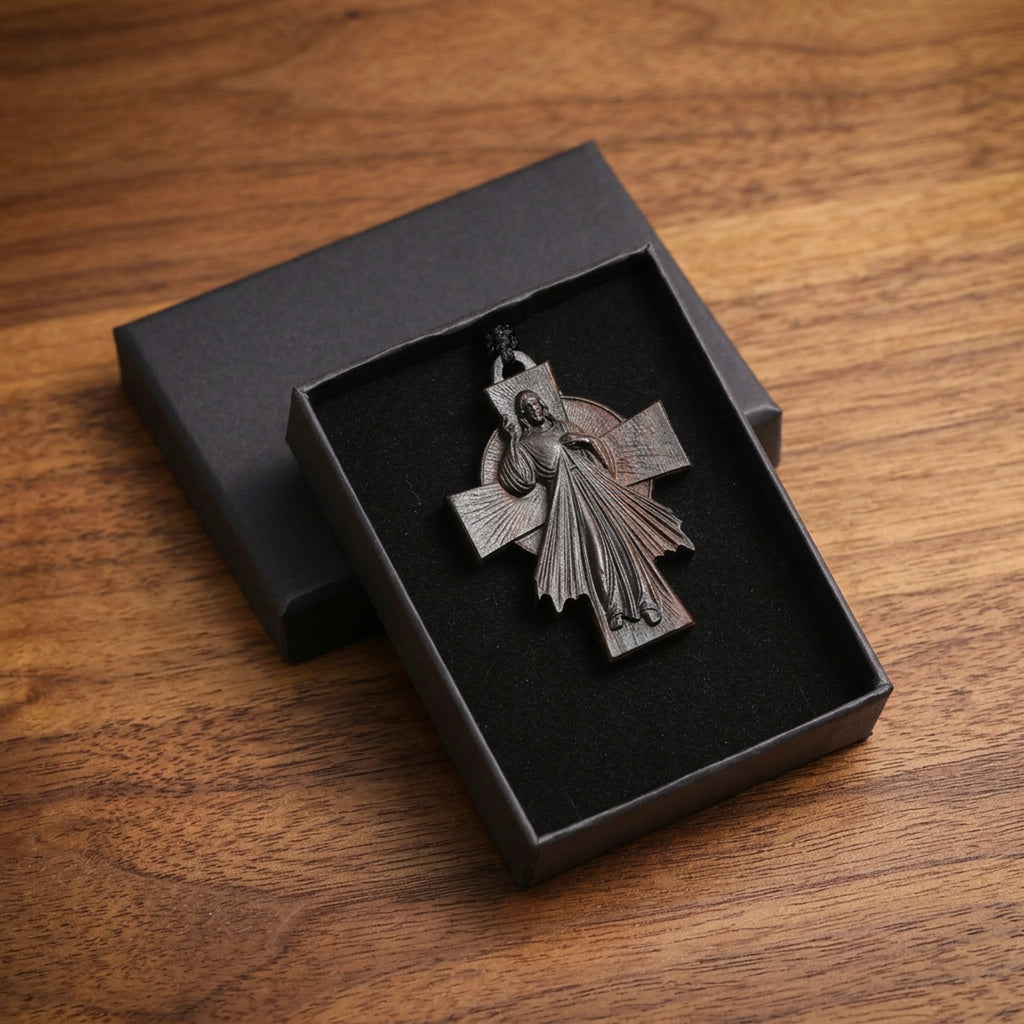 Divine Mercy Jesus Cross Necklace – Handmade Reclaimed Ebony Wood Pendant