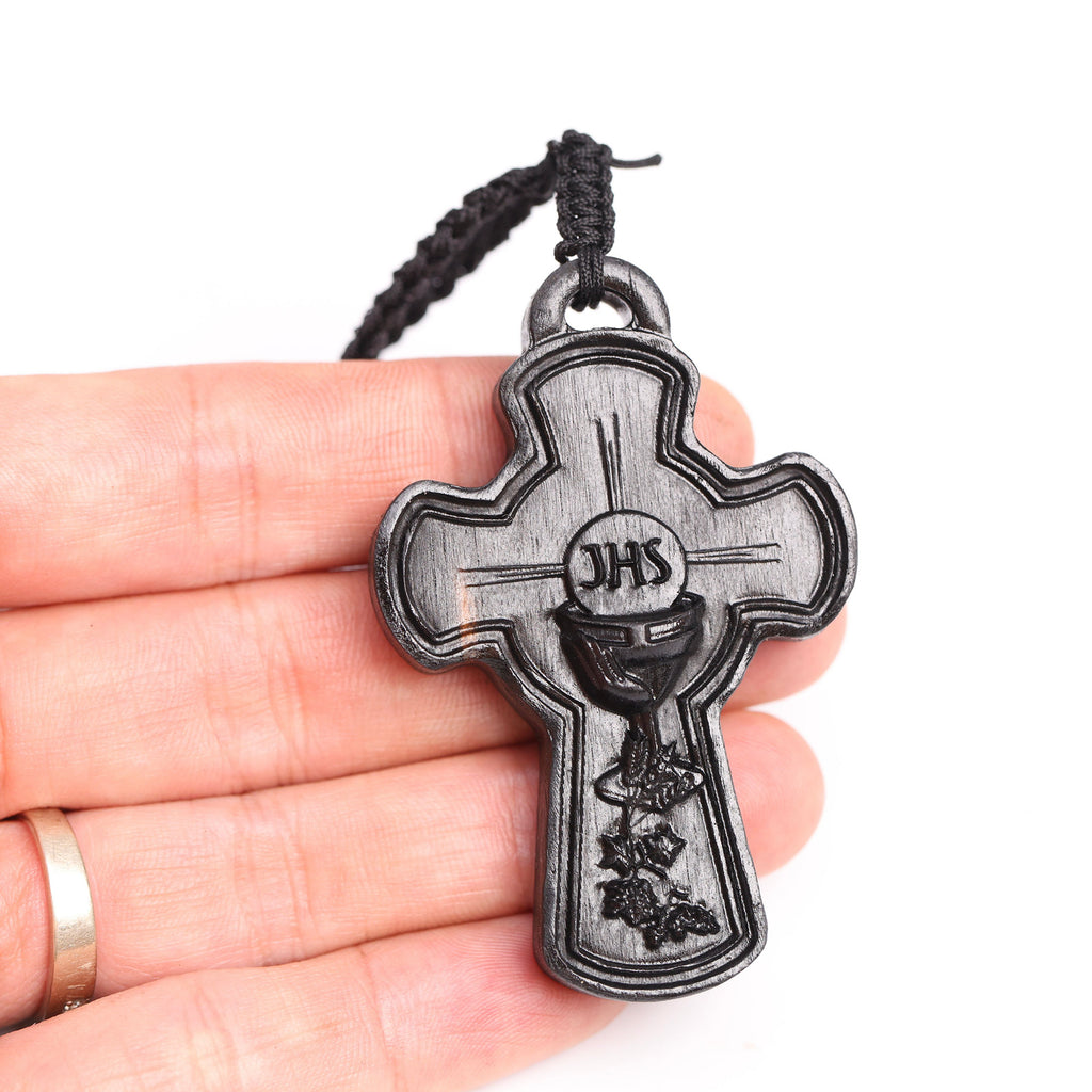 Eucharistic Cross Necklace – Handcrafted from Reclaimed Ebony Wood