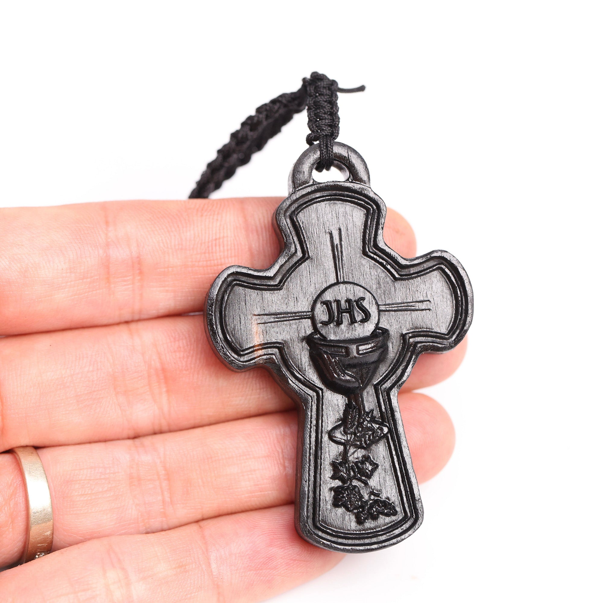 Eucharistic Cross Necklace – Handcrafted from Reclaimed Ebony Wood