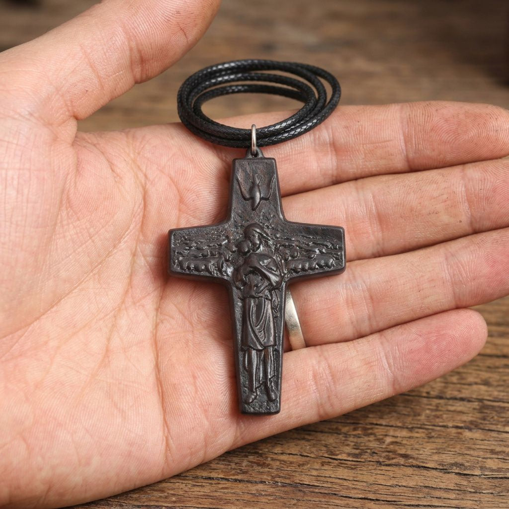 Good Shepherd Cross Necklace – Pope Francis Pastoral Crucifix, Handcrafted Reclaimed Ebony Wood