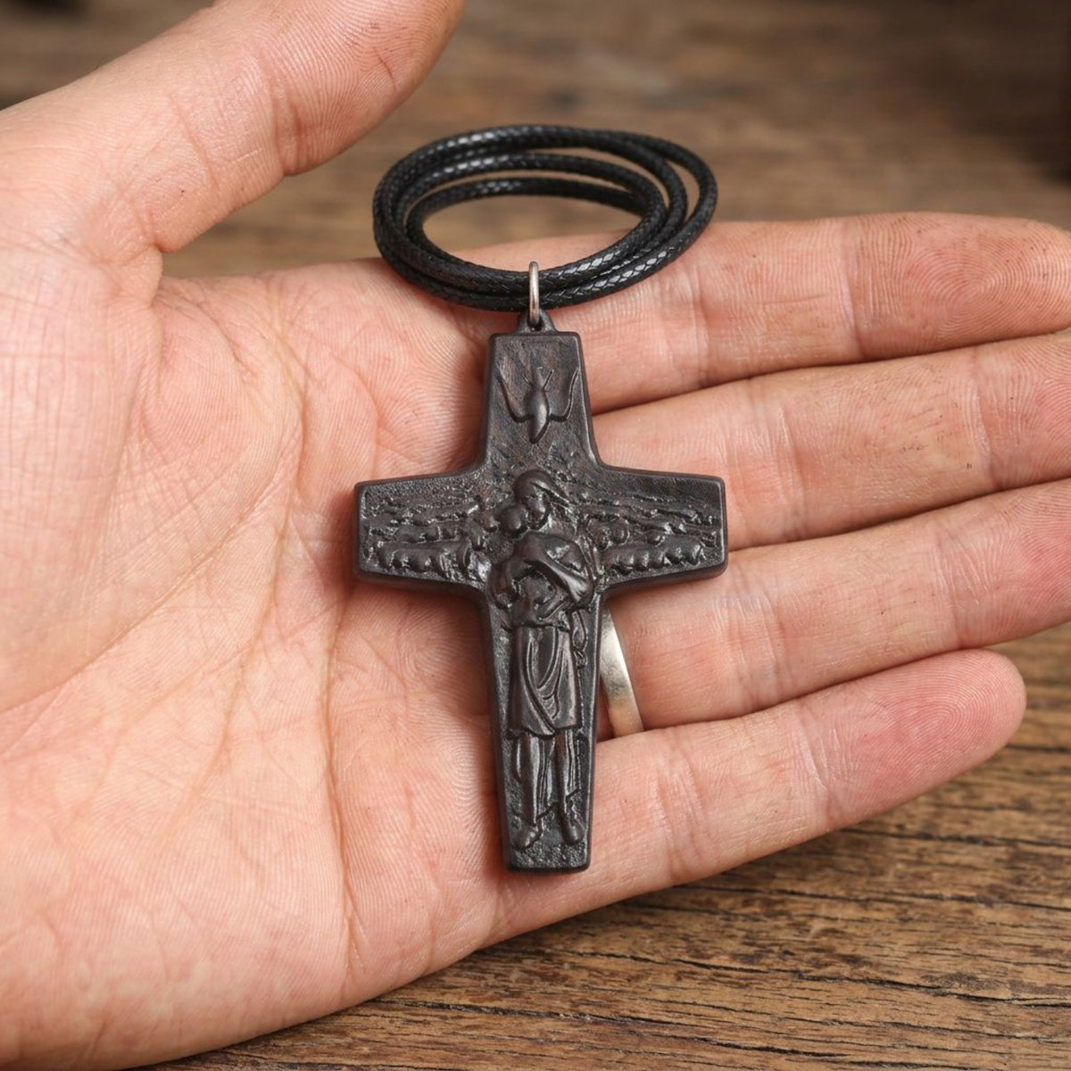 Good Shepherd Cross Necklace – Pope Francis Pastoral Crucifix, Handcrafted Reclaimed Ebony Wood