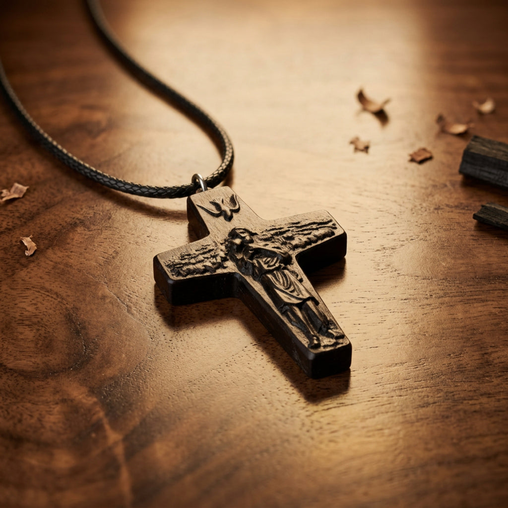 Good Shepherd Cross Necklace – Pope Francis Pastoral Crucifix, Handcrafted Reclaimed Ebony Wood