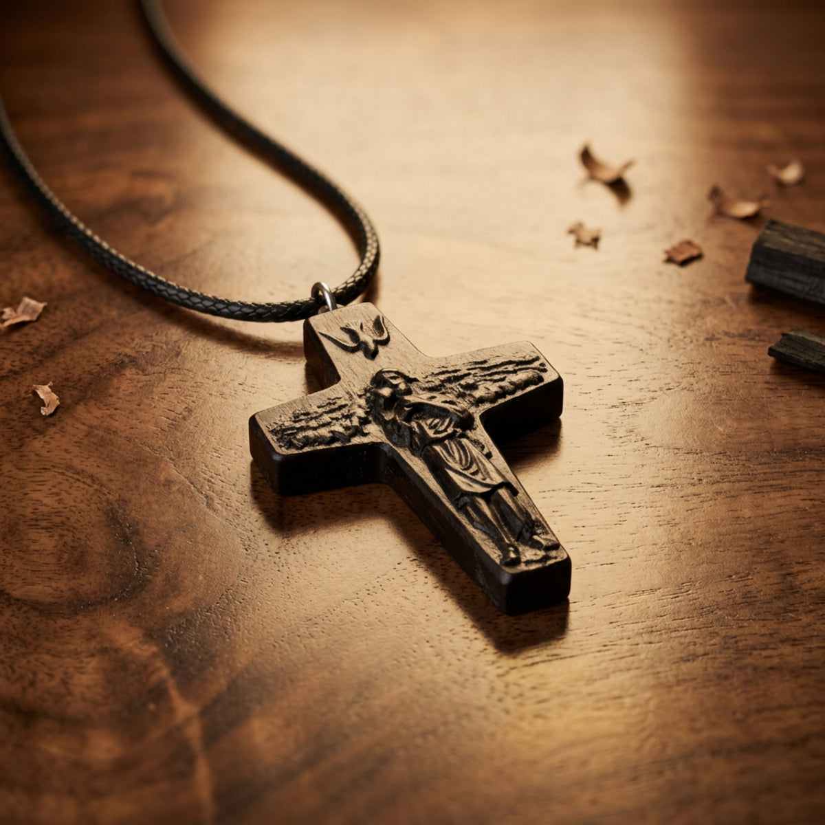 Good Shepherd Cross Necklace – Pope Francis Pastoral Crucifix, Handcrafted Reclaimed Ebony Wood