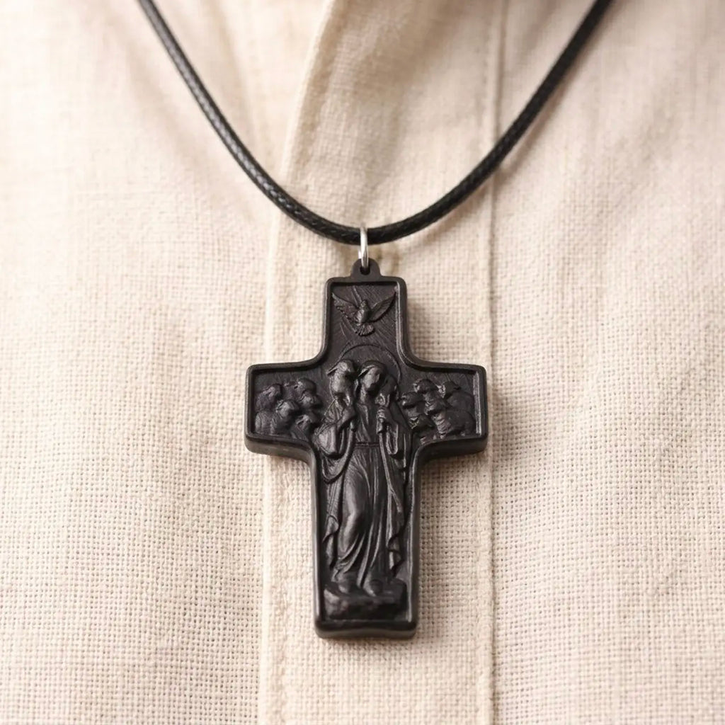 Personalized Good Shepherd Ebony Cross Necklace – Hand-Carved Wood Pendant,