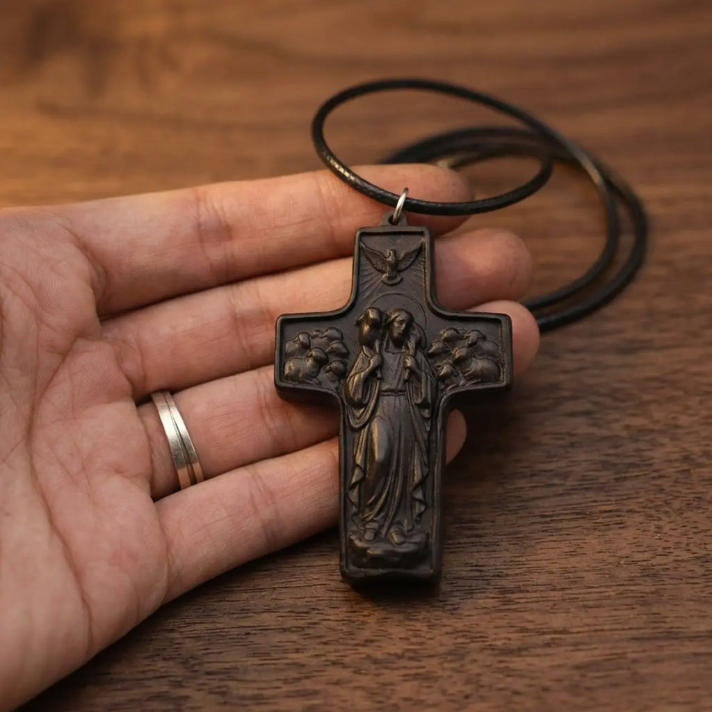 Personalized Good Shepherd Ebony Cross Necklace – Hand-Carved Wood Pendant,