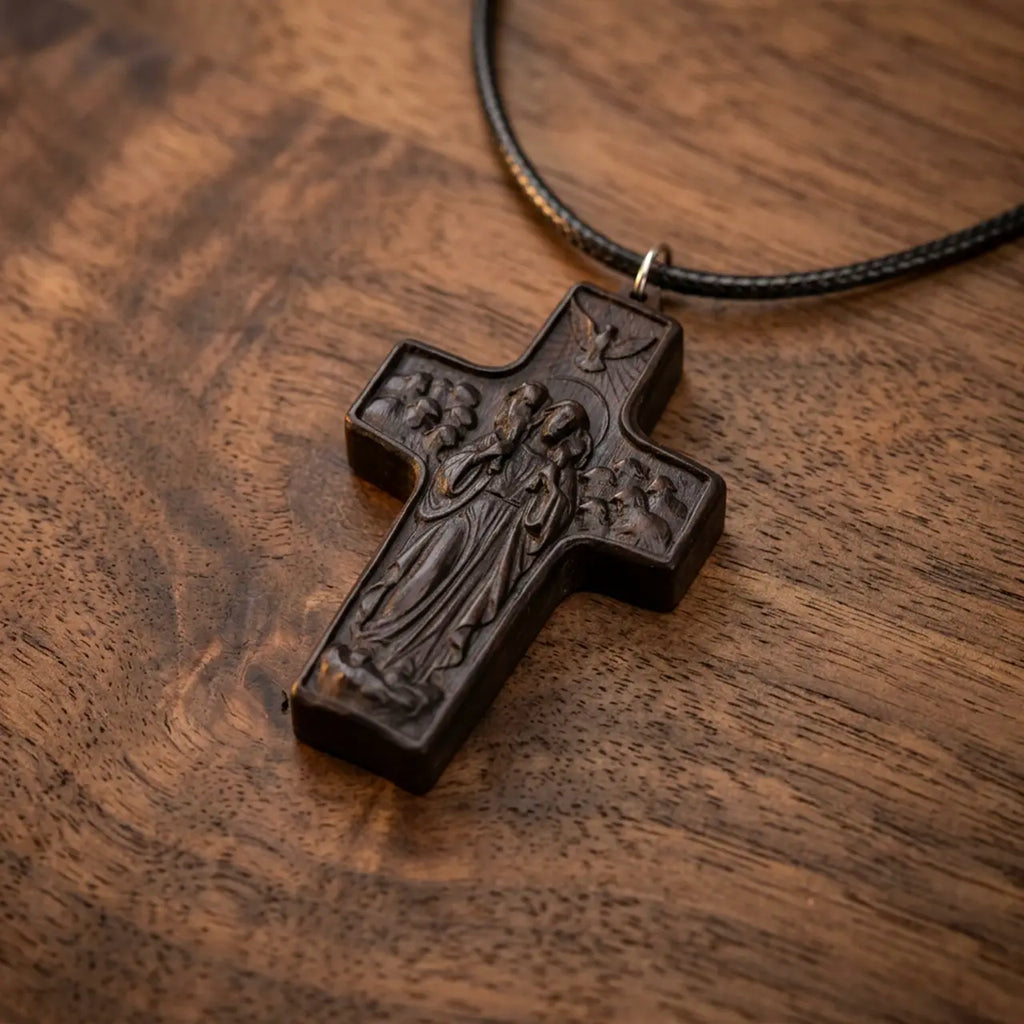 Personalized Good Shepherd Ebony Cross Necklace – Hand-Carved Wood Pendant,