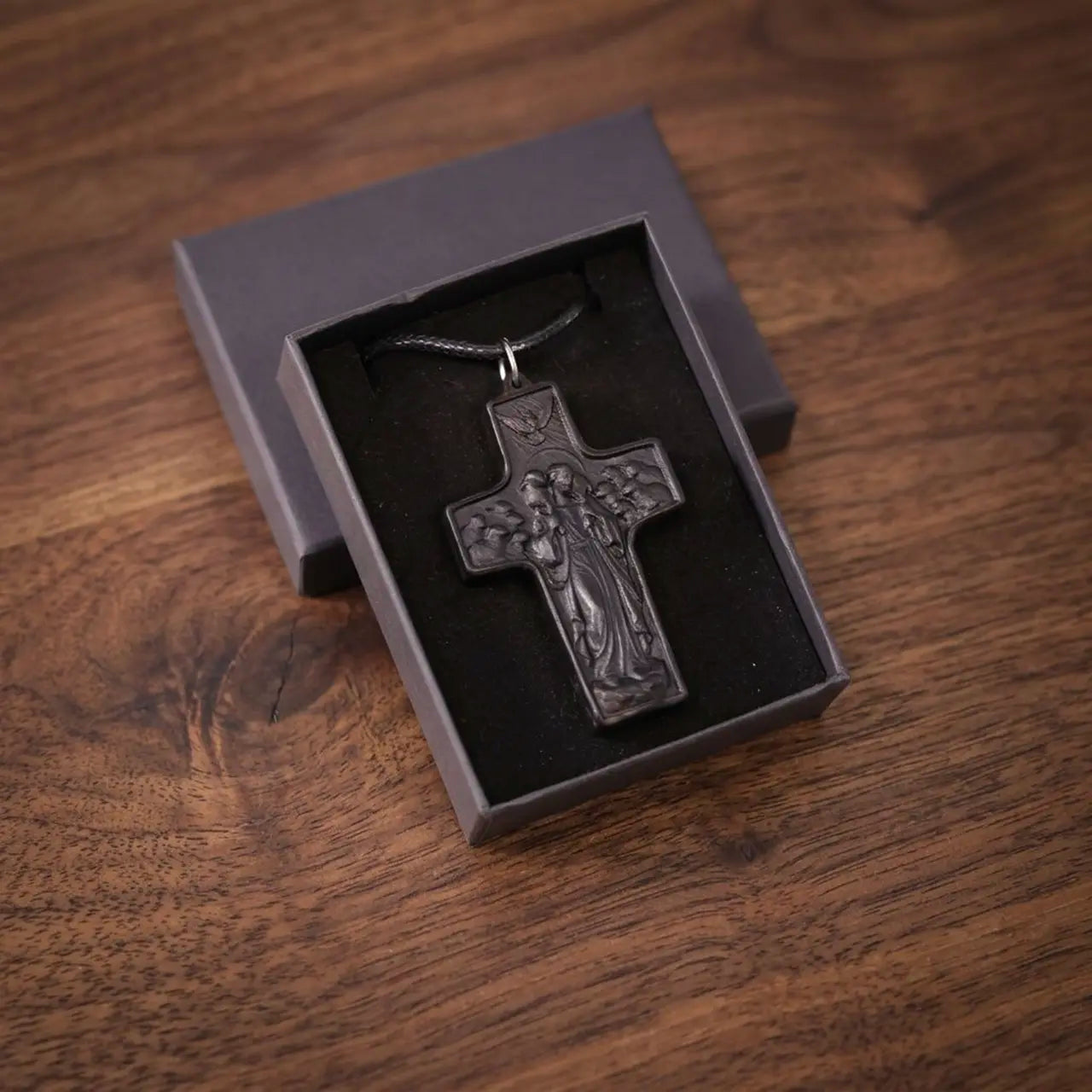 Personalized Good Shepherd Ebony Cross Necklace – Hand-Carved Wood Pendant,