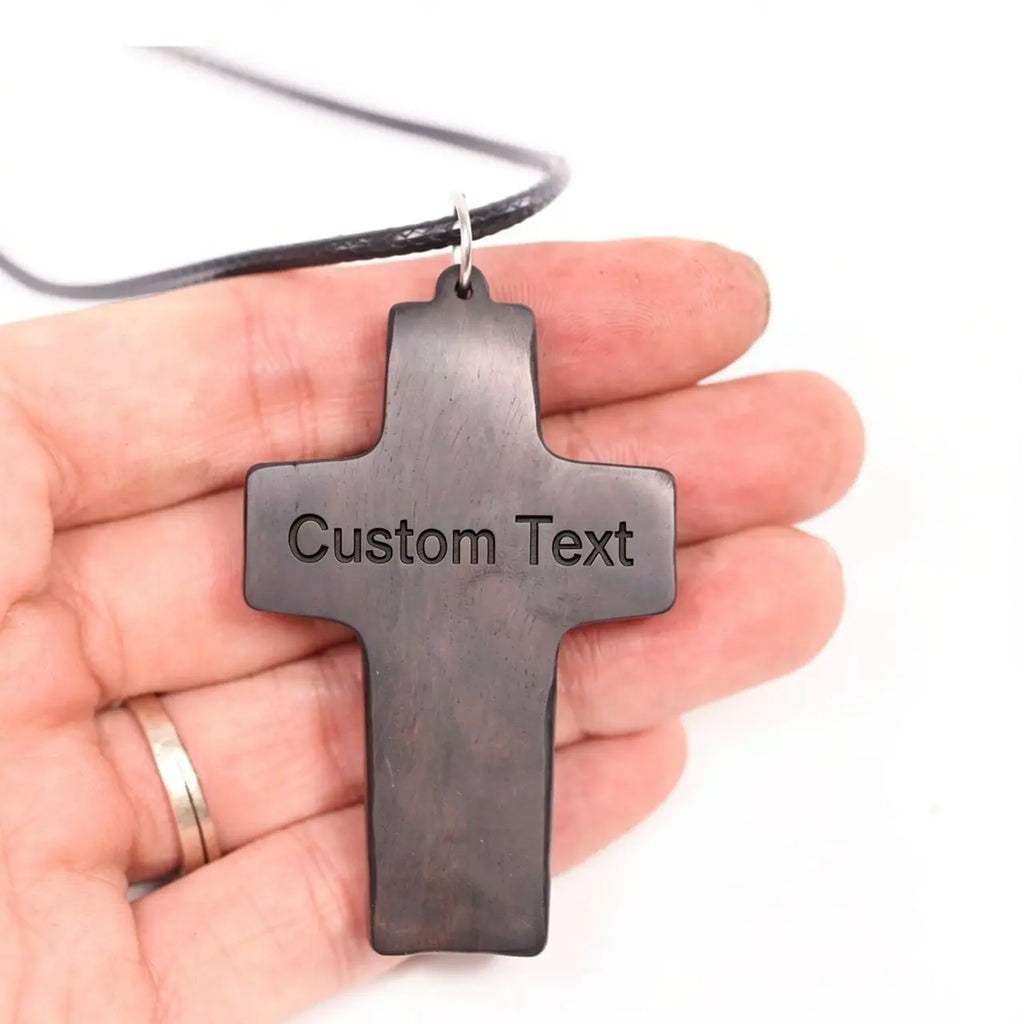 Personalized Good Shepherd Ebony Cross Necklace – Hand-Carved Wood Pendant,