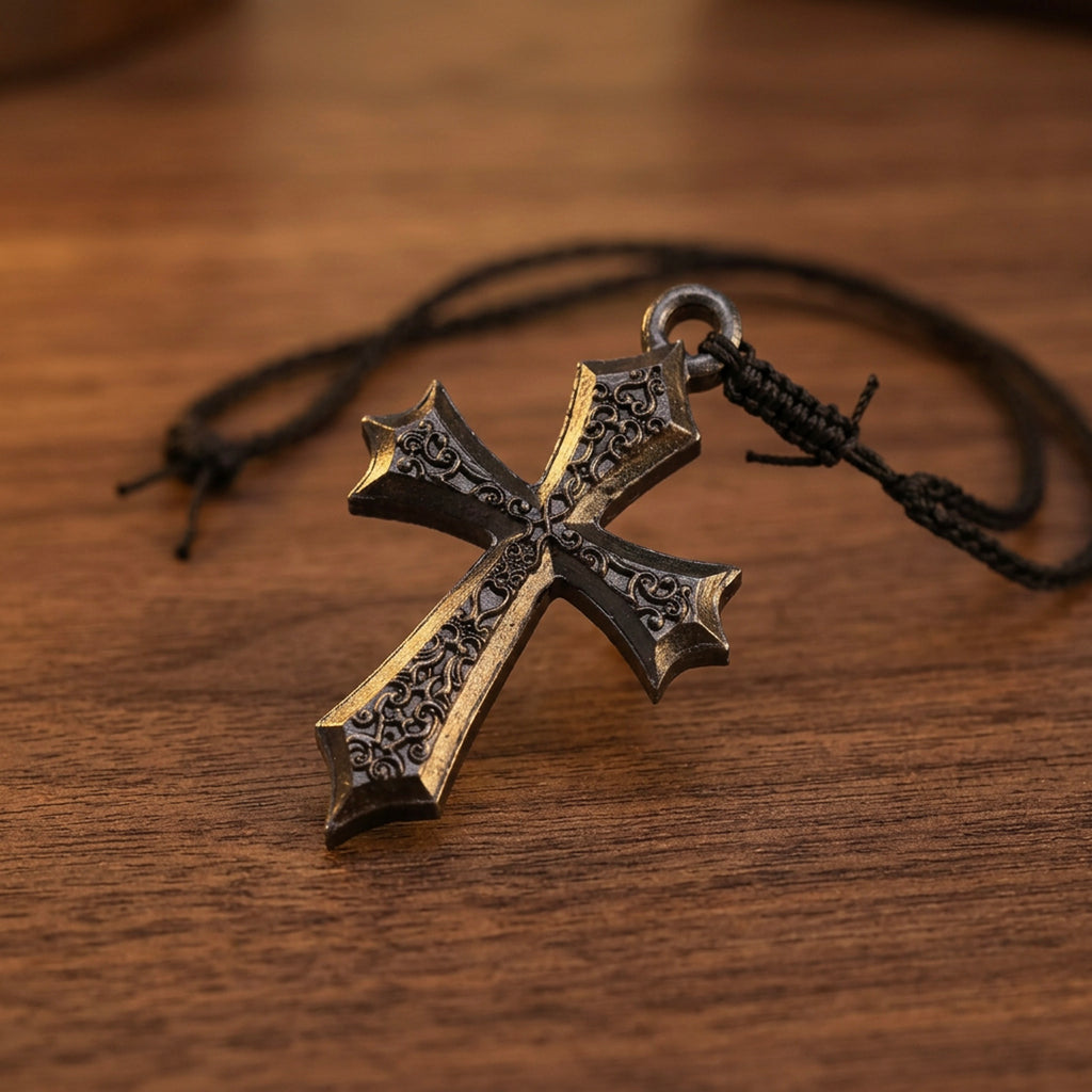 Handcrafted Ebony Wood Gothic Cross Pendant Necklace – Personalized Medieval Inspired Jewelry – Reclaimed Antique Hardwood Christian Gift