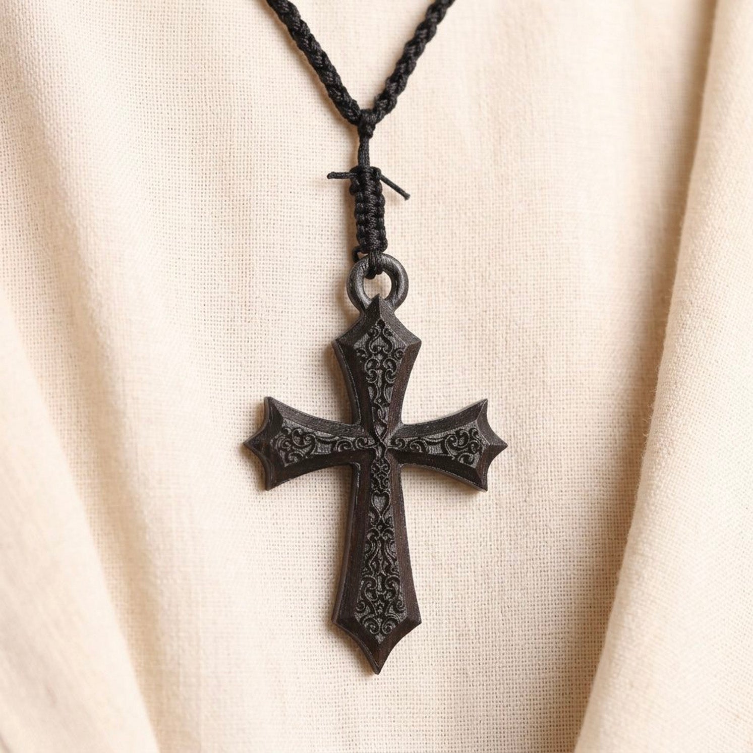 Handcrafted Ebony Wood Gothic Cross Pendant Necklace – Personalized Medieval Inspired Jewelry – Reclaimed Antique Hardwood Christian Gift