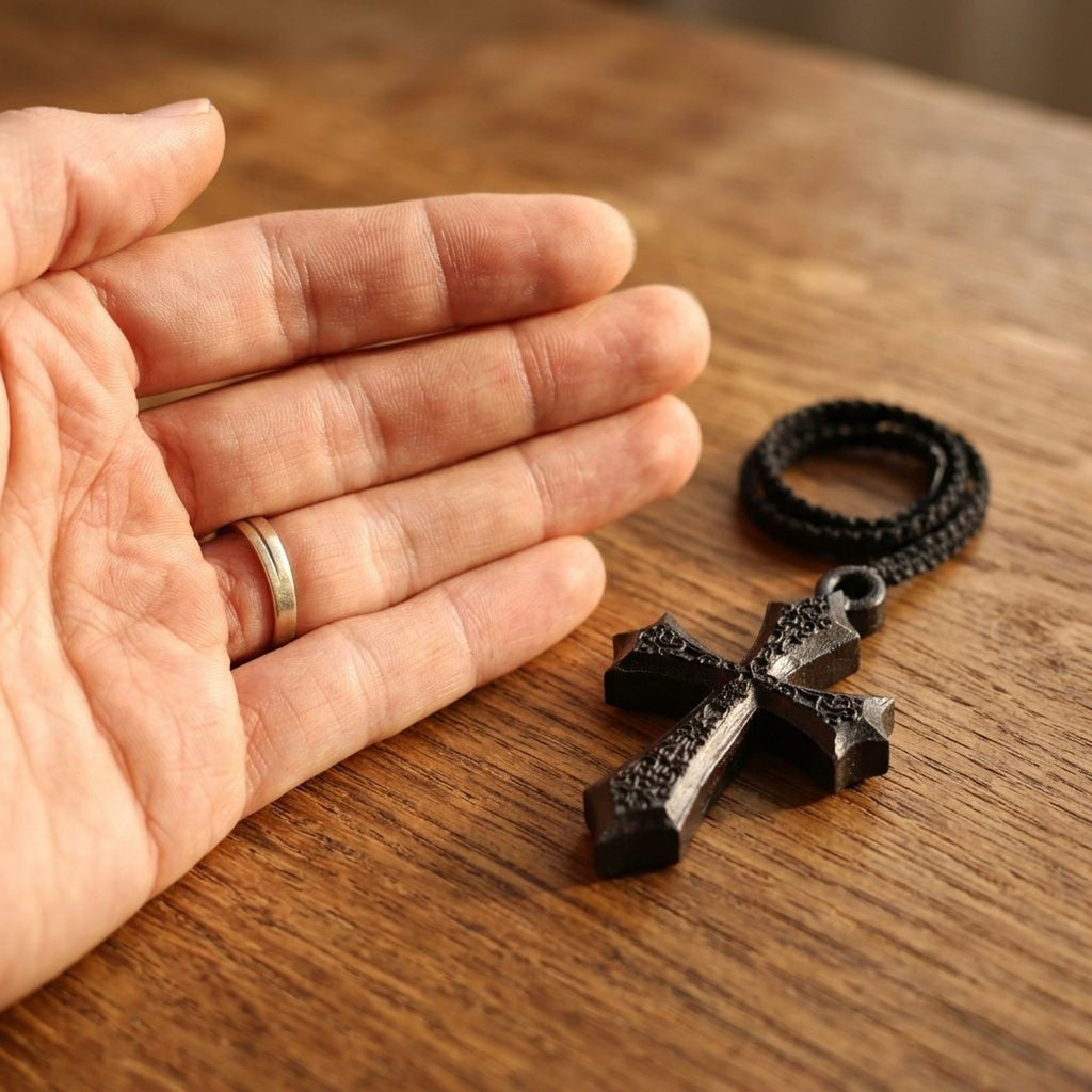 Handcrafted Ebony Wood Gothic Cross Pendant Necklace – Personalized Medieval Inspired Jewelry – Reclaimed Antique Hardwood Christian Gift
