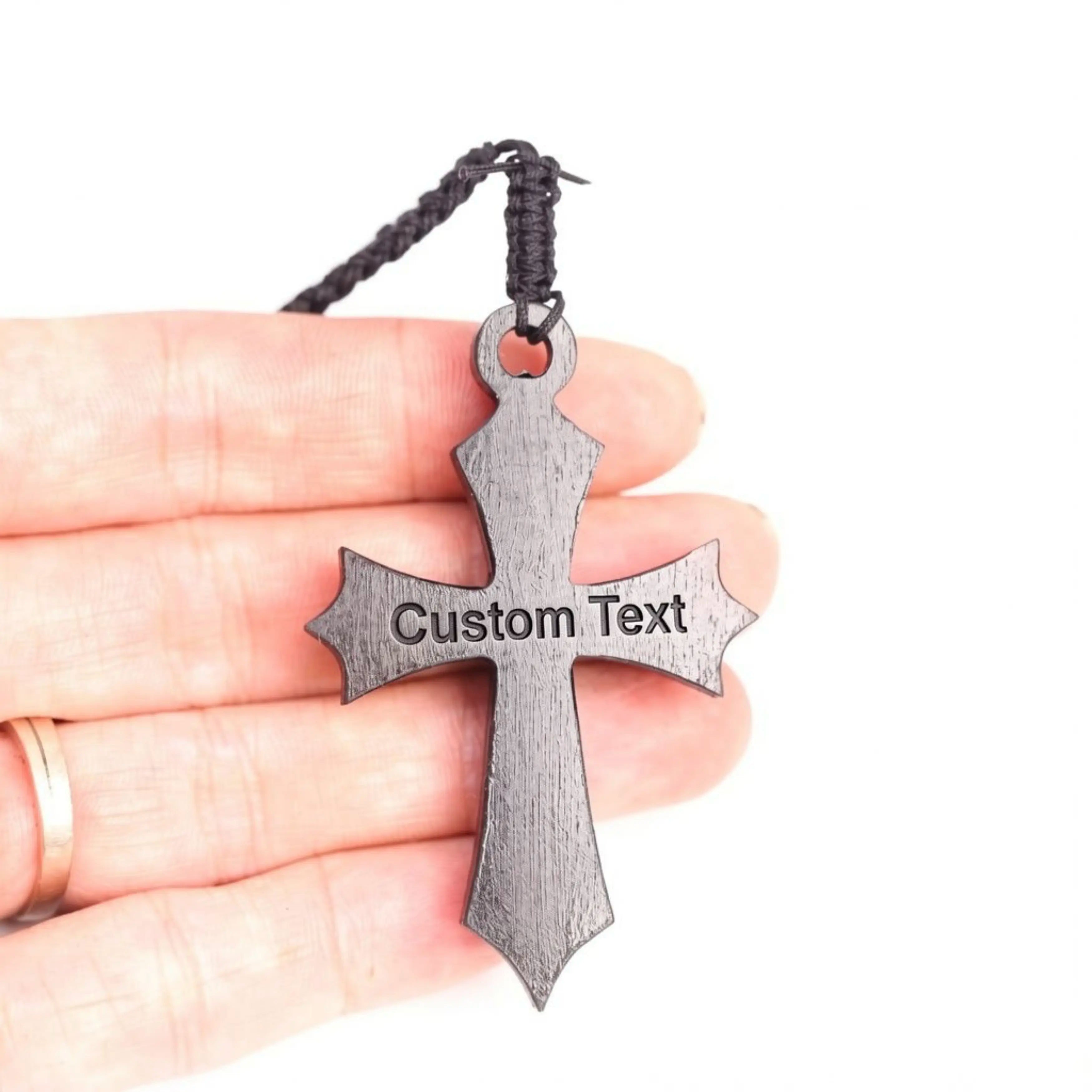 Handcrafted Ebony Wood Gothic Cross Pendant Necklace – Personalized Medieval Inspired Jewelry – Reclaimed Antique Hardwood Christian Gift