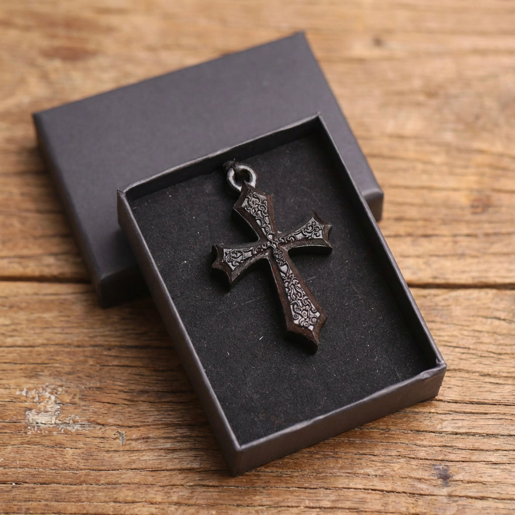 Handcrafted Ebony Wood Gothic Cross Pendant Necklace – Personalized Medieval Inspired Jewelry – Reclaimed Antique Hardwood Christian Gift