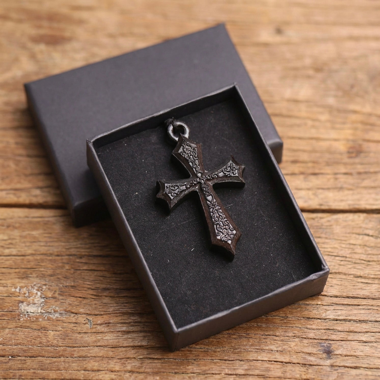 Handcrafted Ebony Wood Gothic Cross Pendant Necklace – Personalized Medieval Inspired Jewelry – Reclaimed Antique Hardwood Christian Gift