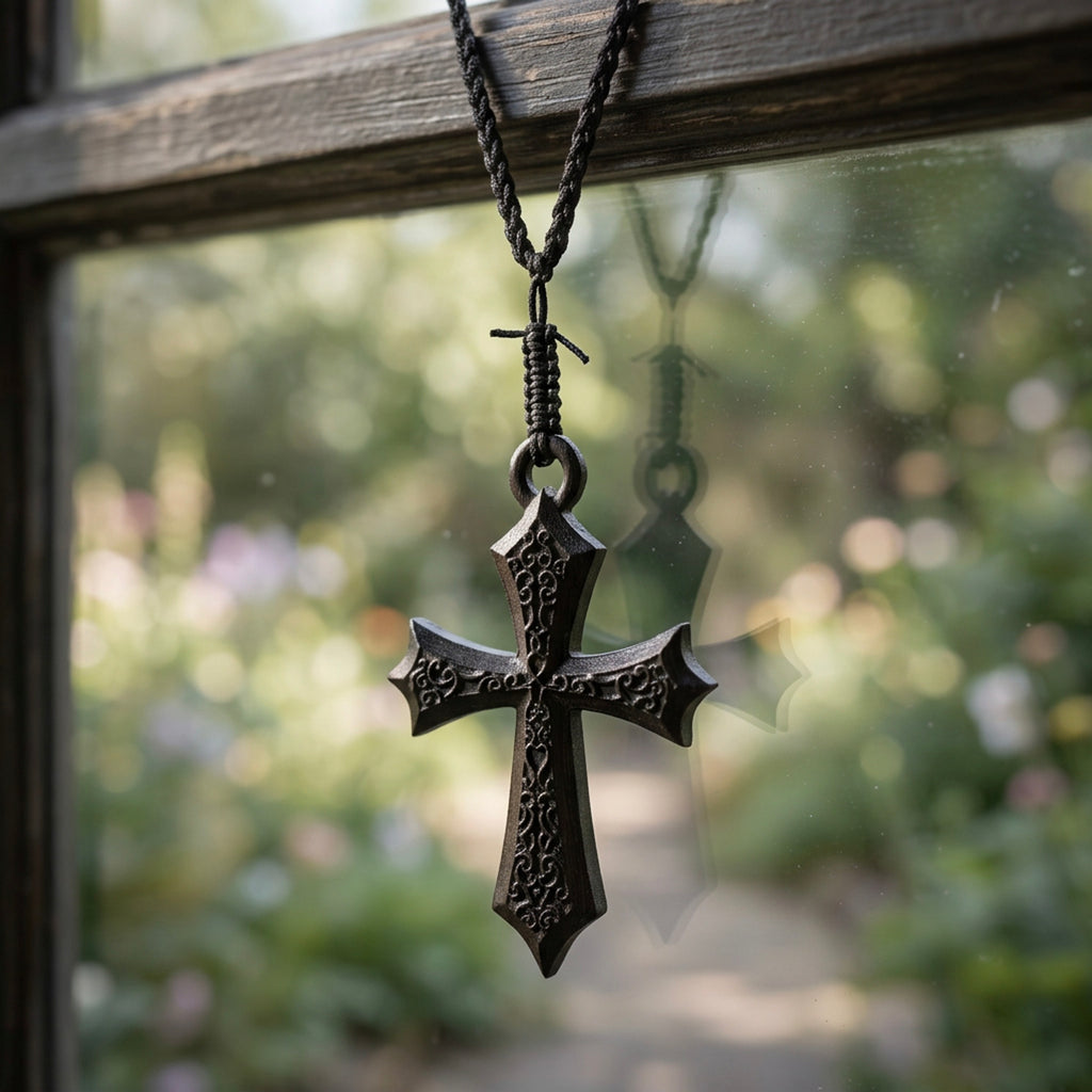 Handcrafted Ebony Wood Gothic Cross Pendant Necklace – Personalized Medieval Inspired Jewelry – Reclaimed Antique Hardwood Christian Gift