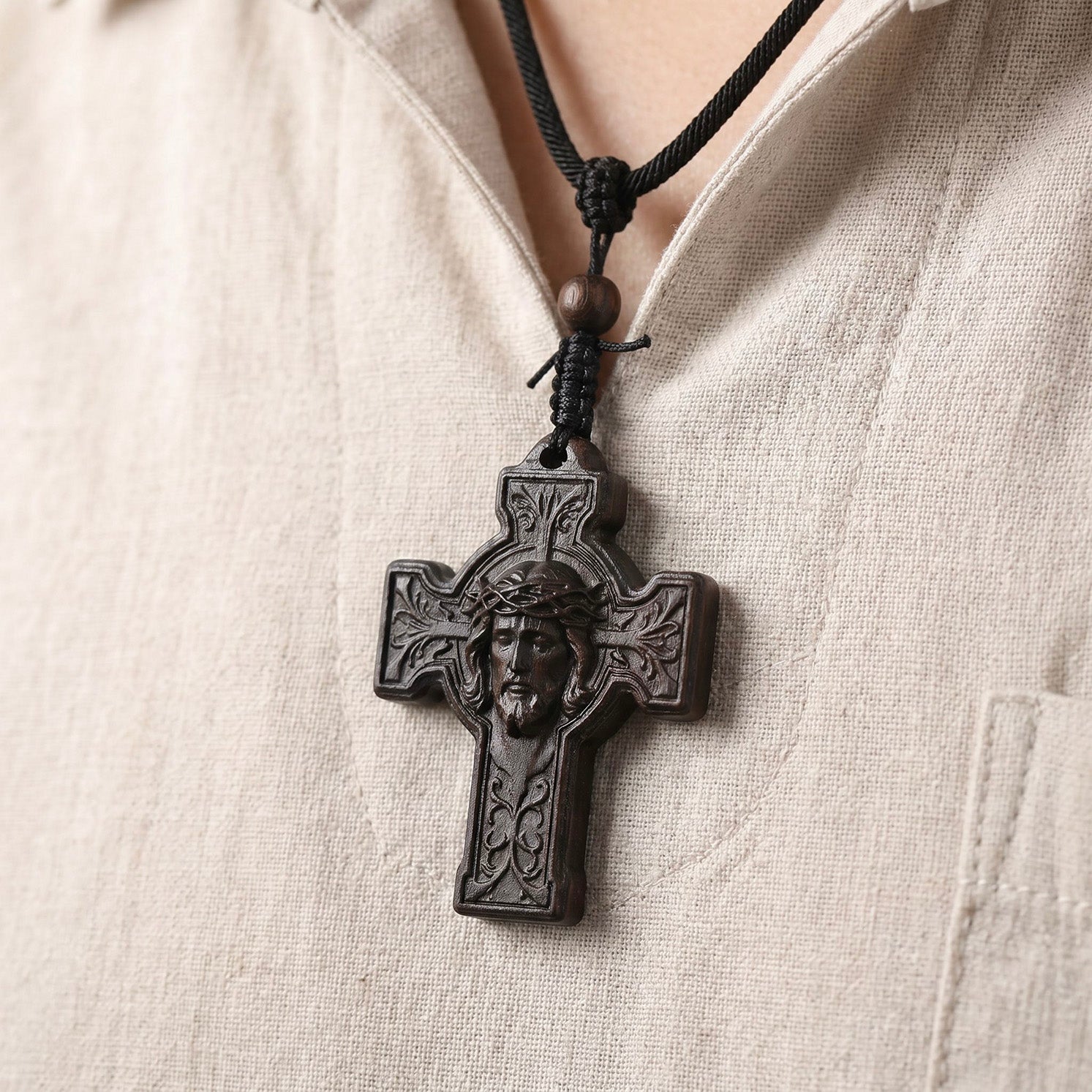 Holy Face of Jesus Cross Necklace – Handmade Reclaimed Ebony Wood Pendant
