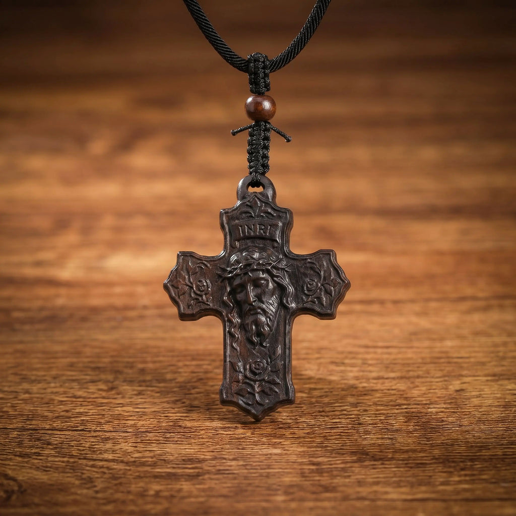 Rose Jesus Cross Necklace – Handmade Reclaimed Ebony Wood Pendant