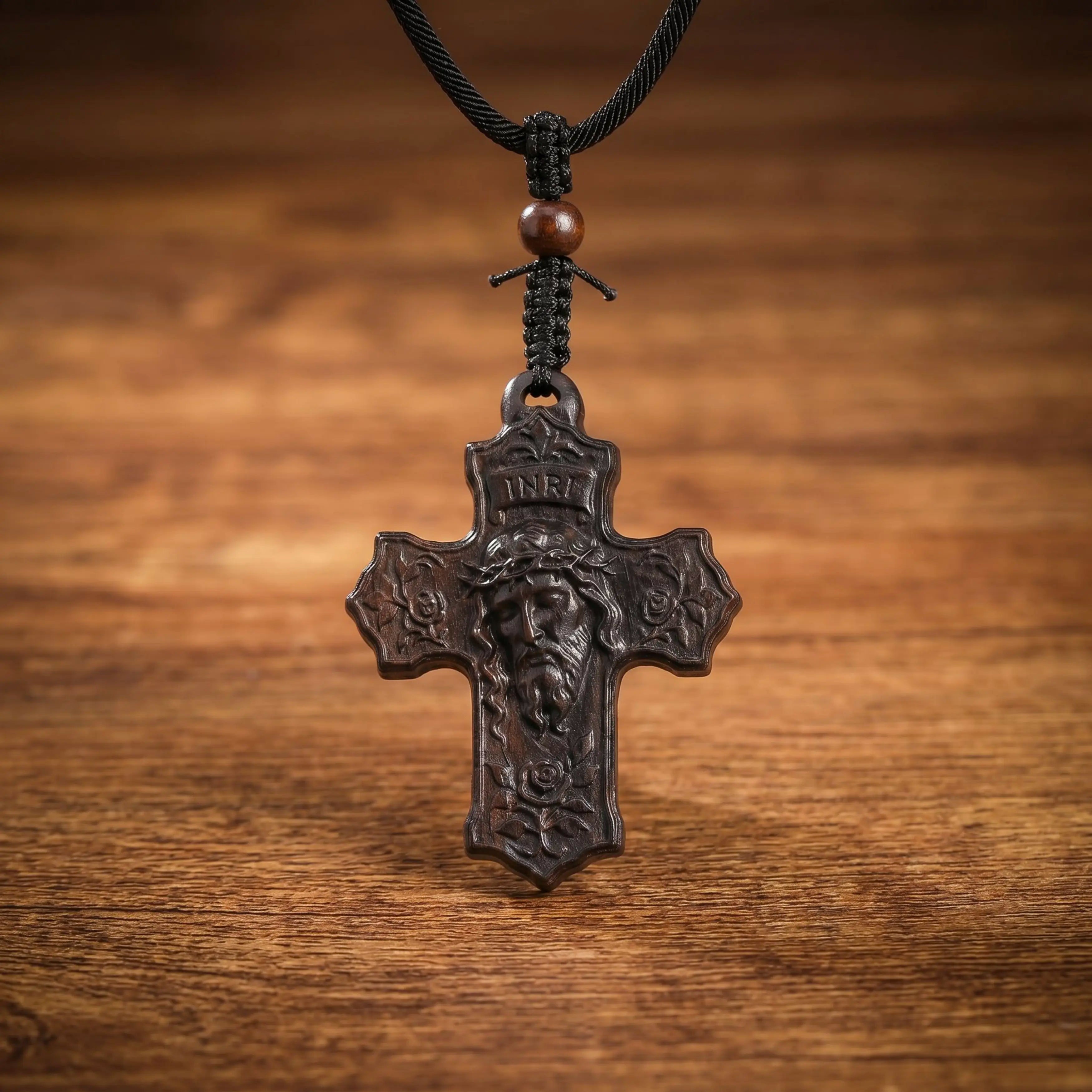 Rose Jesus Cross Necklace – Handmade Reclaimed Ebony Wood Pendant