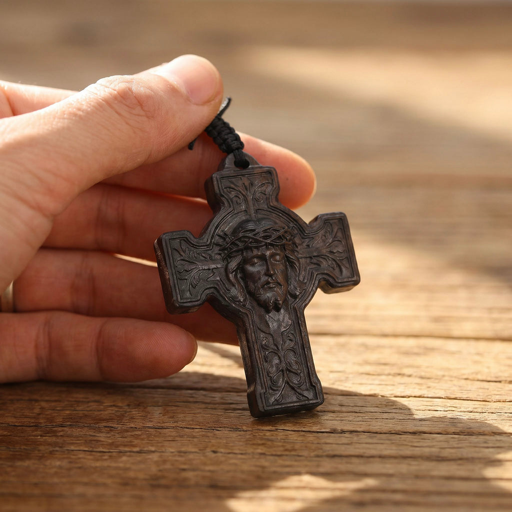 Holy Face of Jesus Cross Necklace – Handmade Reclaimed Ebony Wood Pendant