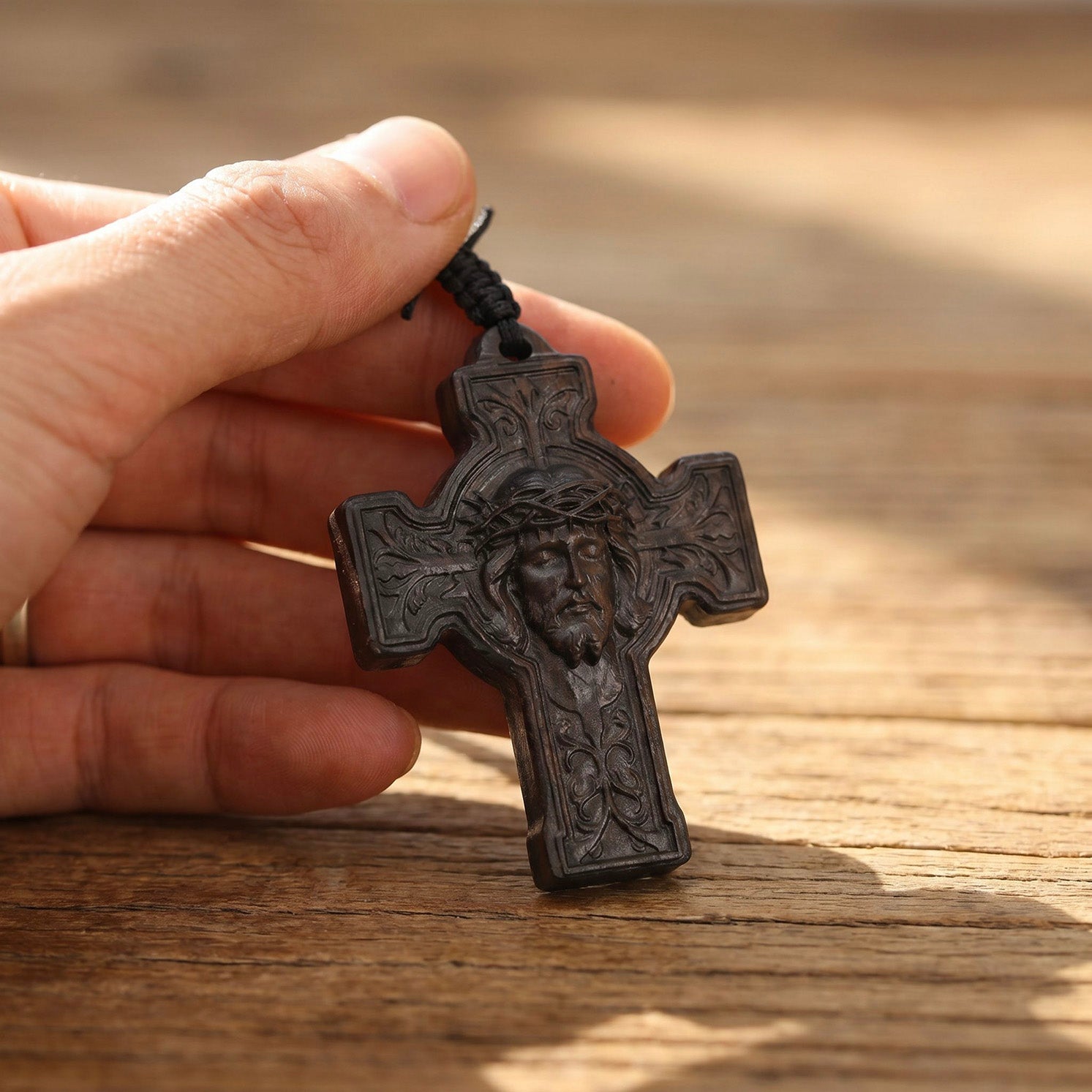 Holy Face of Jesus Cross Necklace – Handmade Reclaimed Ebony Wood Pendant