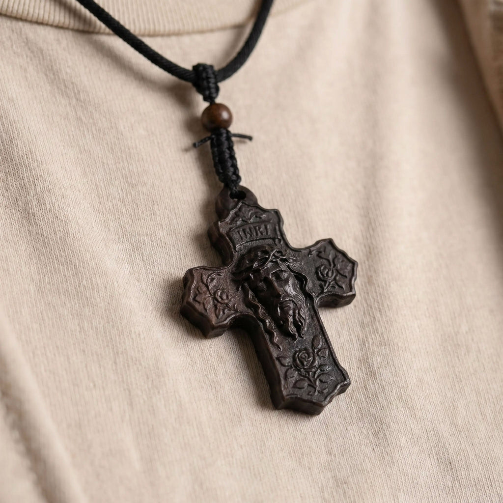 Rose Jesus Cross Necklace – Handmade Reclaimed Ebony Wood Pendant