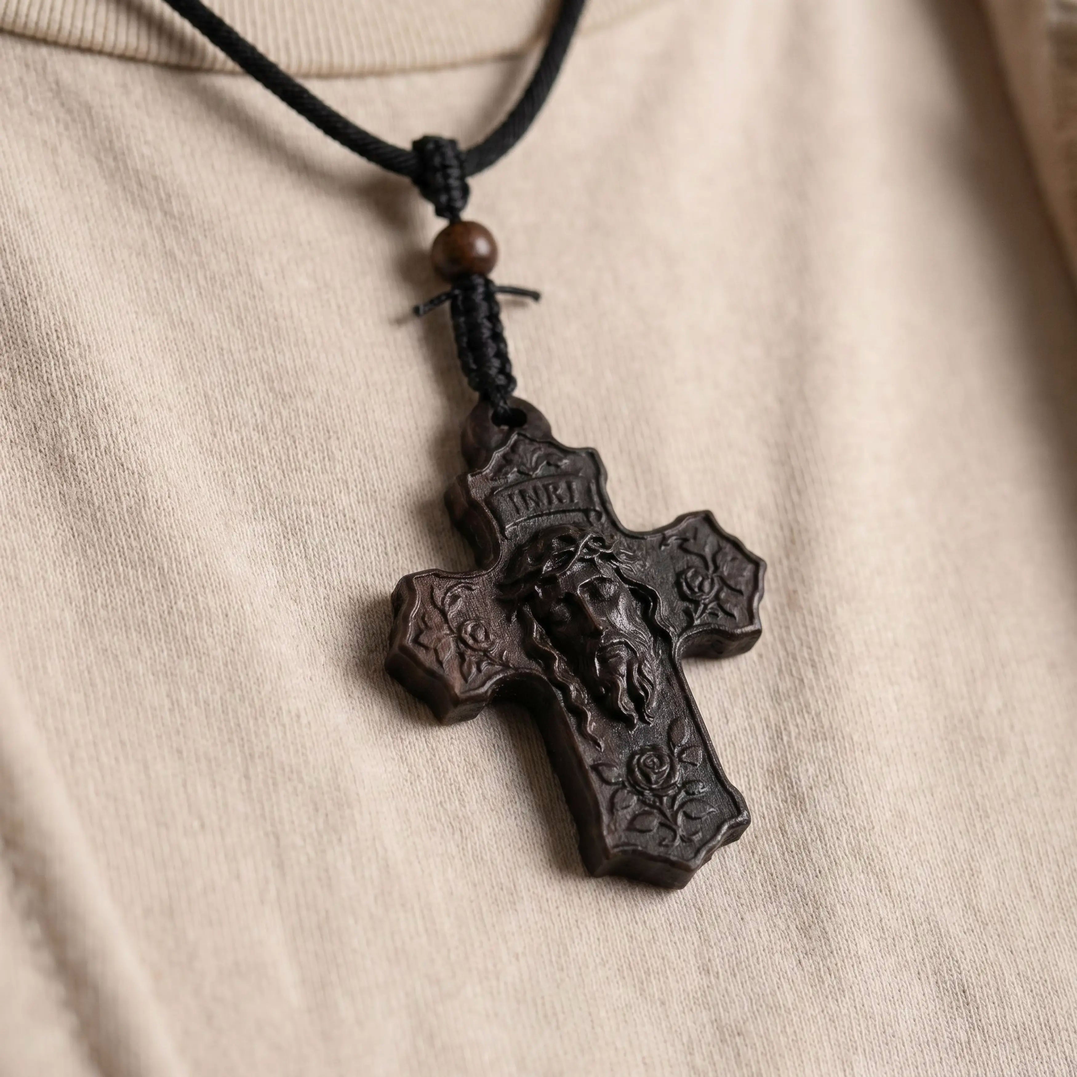 Rose Jesus Cross Necklace – Handmade Reclaimed Ebony Wood Pendant