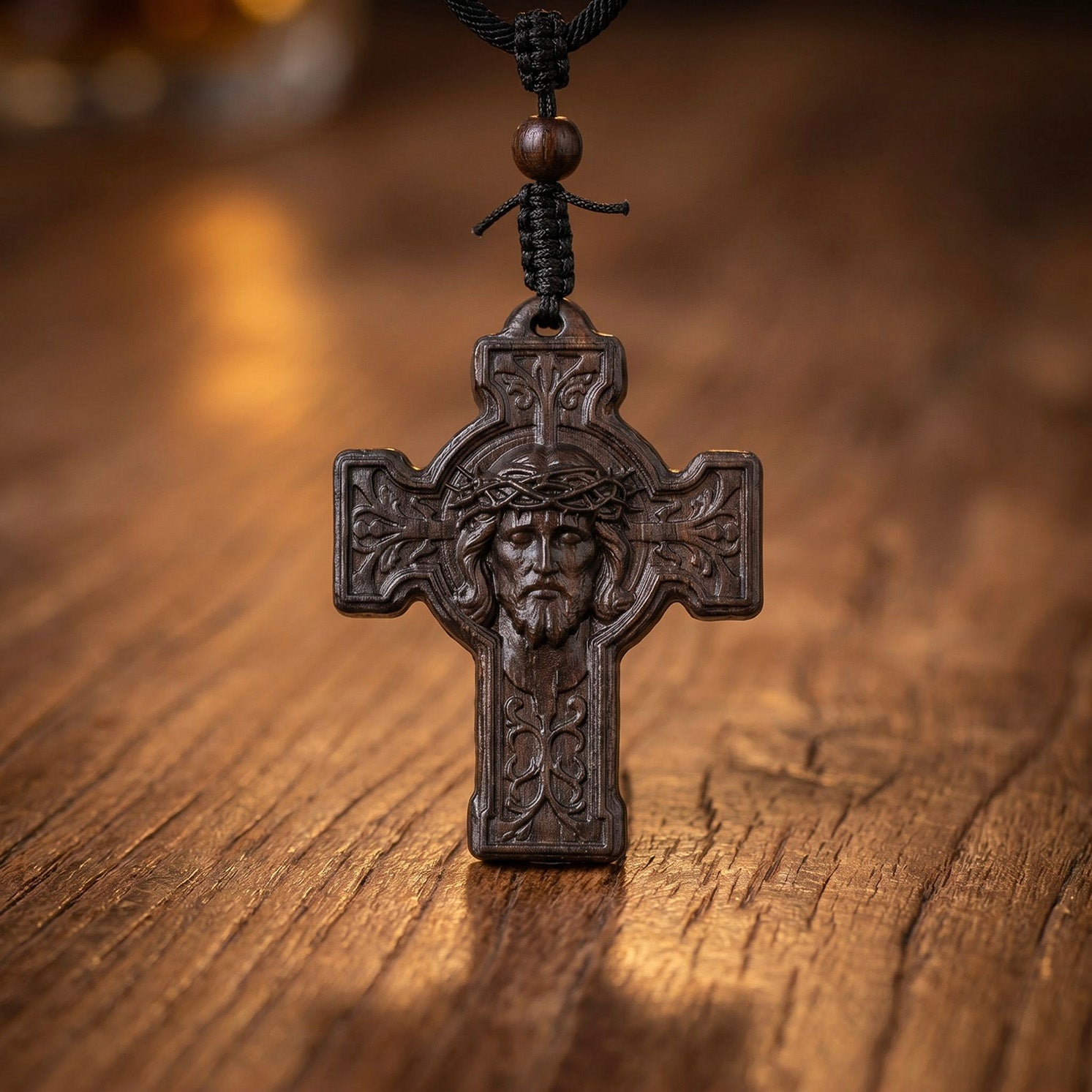 Holy Face of Jesus Cross Necklace – Handmade Reclaimed Ebony Wood Pendant