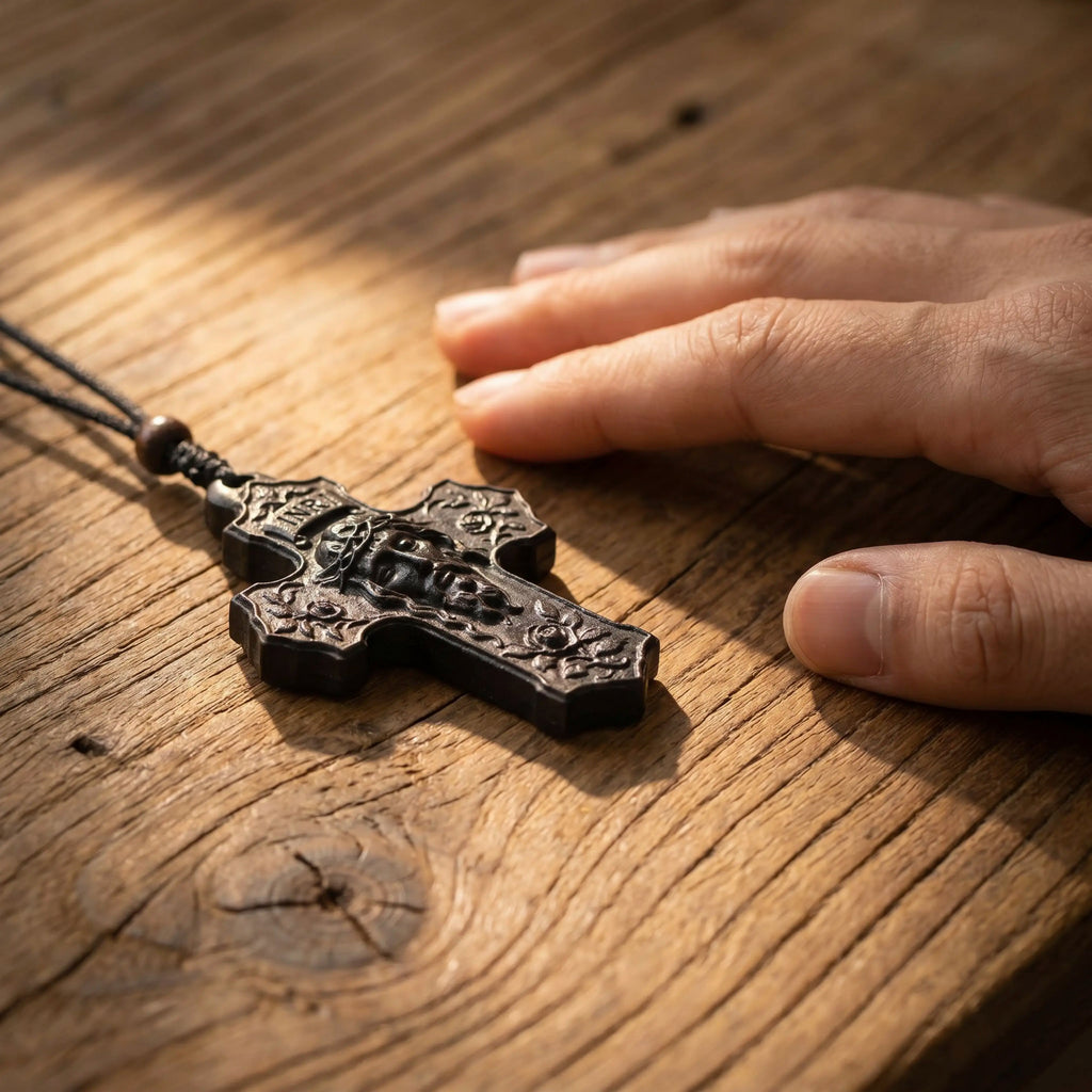 Rose Jesus Cross Necklace – Handmade Reclaimed Ebony Wood Pendant